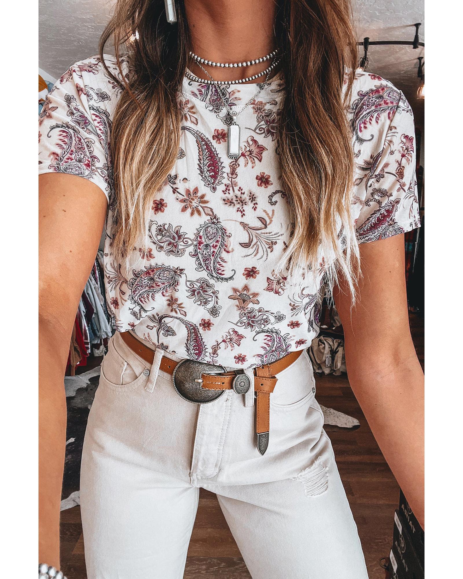 V539-AZEXDC25225770-P120-M-202508272025-00 White Vintage Paisley Mock Neck T Shirt - M - Image 1