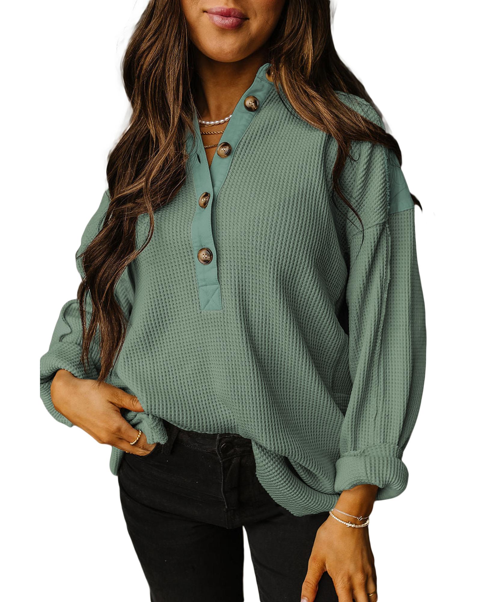 V539-AZEXDC25225860-P2809-XL-202508280000-00 Smoke Green Waffle Long Sleeve Collar Half Button Loose Top - XL - Image 1