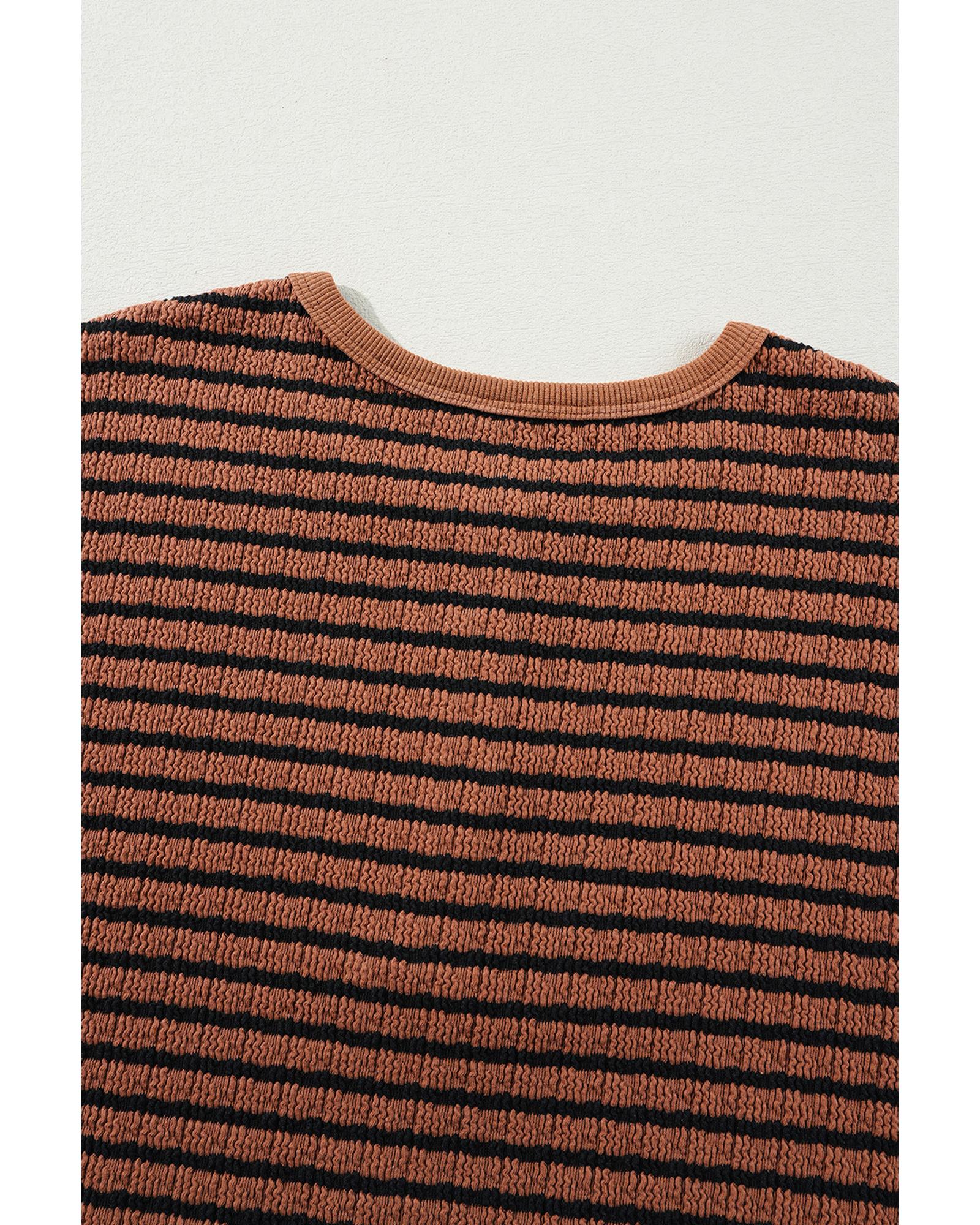 V539-AZEXDC25225994-P1719-M-202508271406-00 Brown Stripe Textured Frilly Trim Buttons Henley Long Sleeve Top - M - Image 1