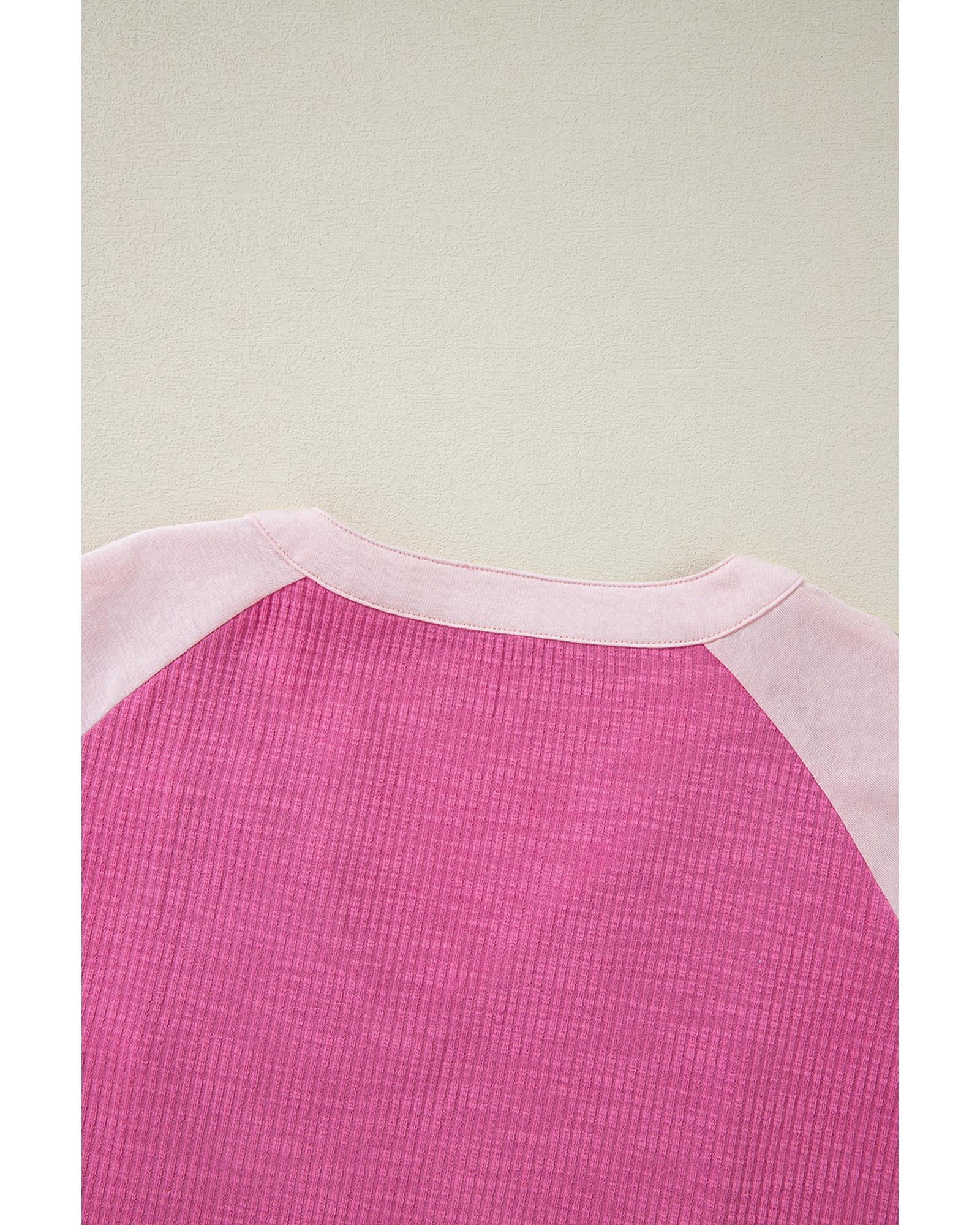 V539-AZEXDC25225996-P106-L-202508272015-00 Bright Pink Textured Colorblock 3/4 Sleeve Oversize Top - L - Image 1