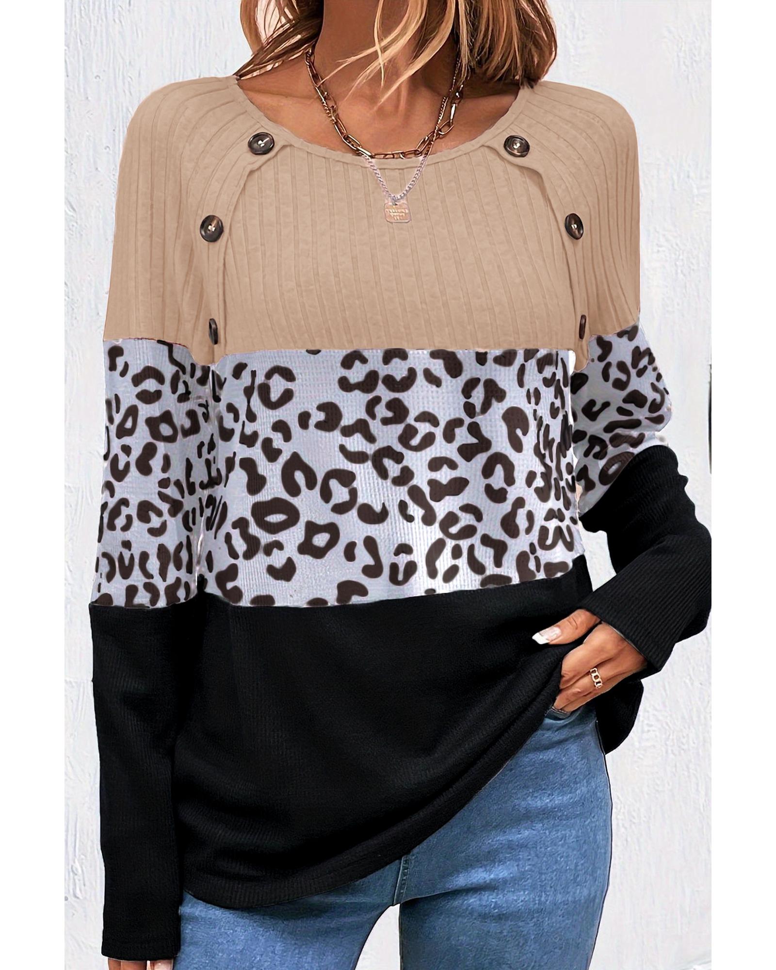 V539-AZEXDC25226182-P222-M-202508272230-00 Black Cheetah Textured Patchwork Buttoned Round Neck T Shirt - M - Image 1