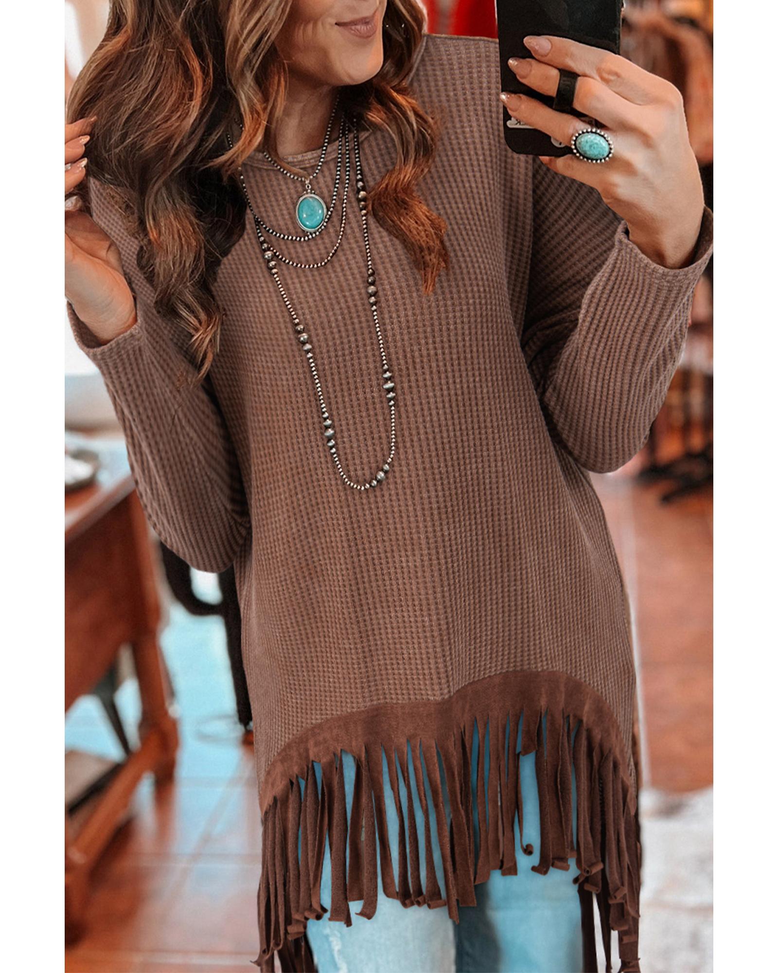 V539-AZEXDC25226284-P1017-M-202508271035-00 Coffee Waffle Knit Fringed High Low Loose Top - M - Image 1
