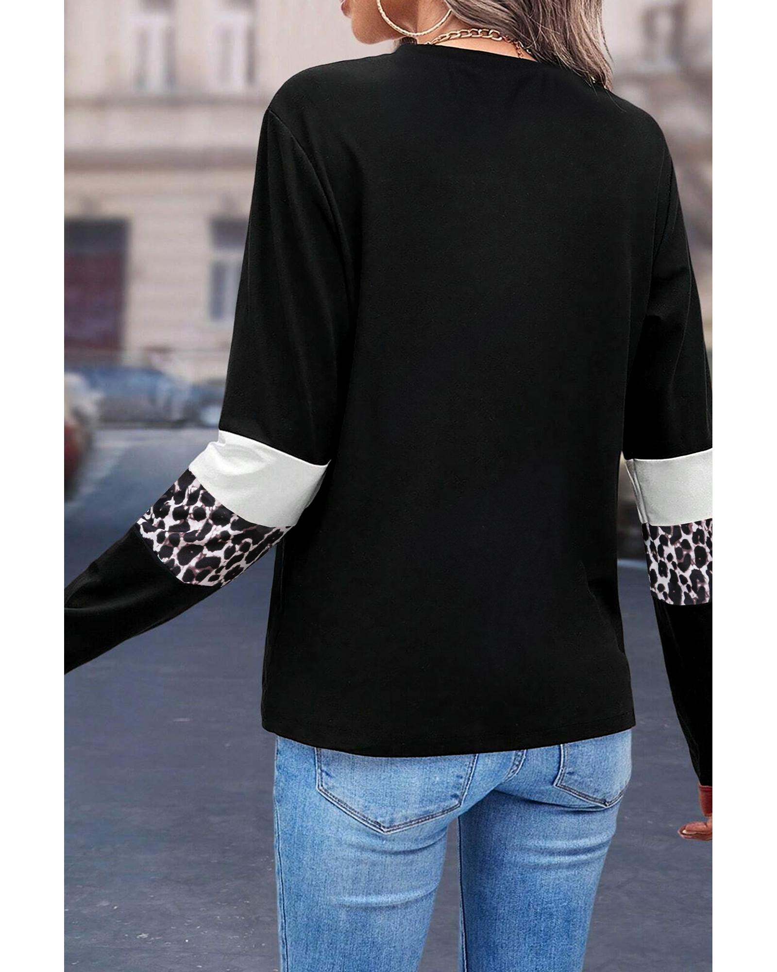 V539-AZEXDC25226317-P120-M-202508271200-00 White Leopard Colorblock Patchwork Crew Neck Long Sleeve Tee - M - Image 1