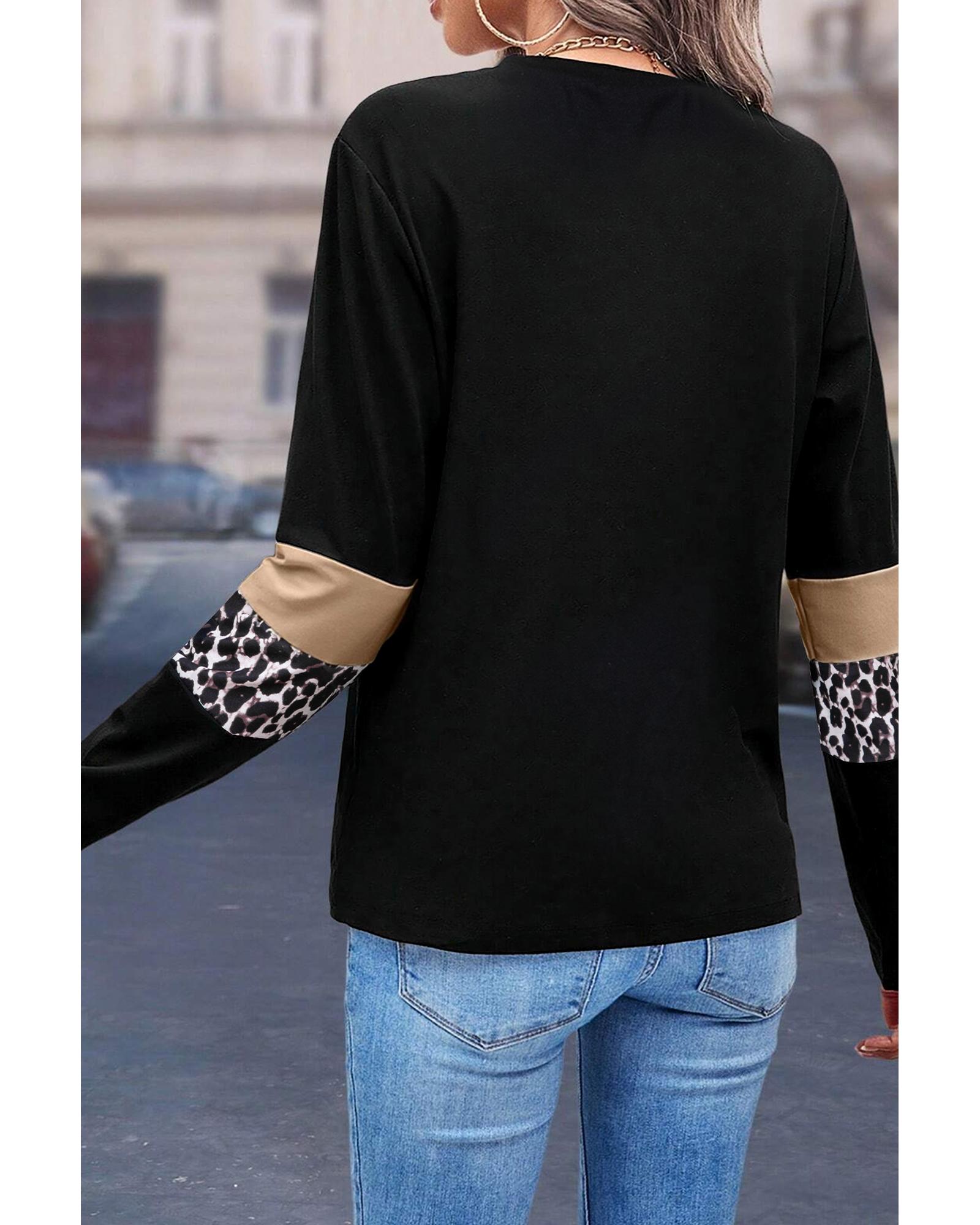 V539-AZEXDC25226317-P1620-M-202508271810-00 Khaki Leopard Colorblock Patchwork Crew Neck Long Sleeve Tee - M - Image 1