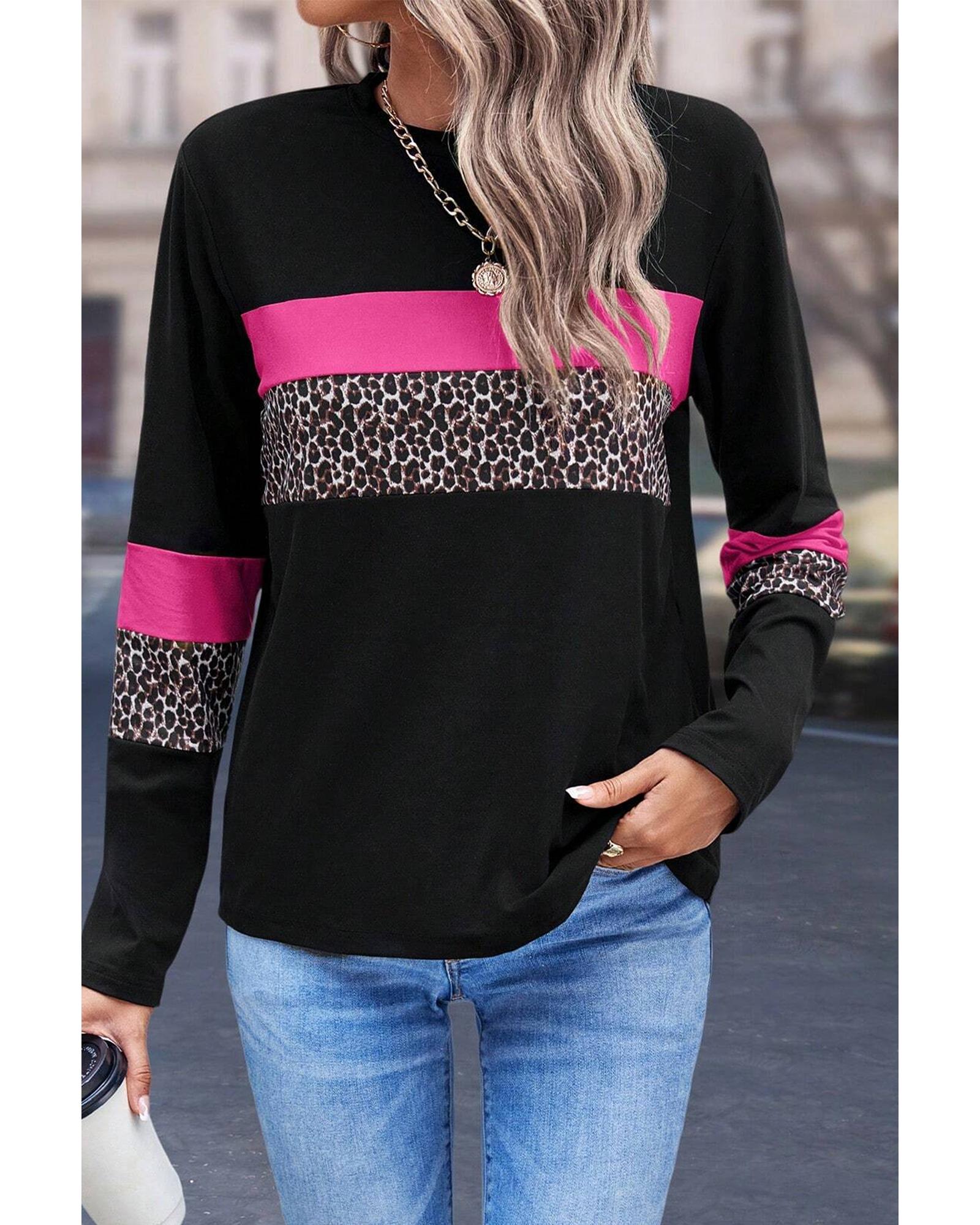 V539-AZEXDC25226317-P620-S-202506122021-00 Rose Leopard Colorblock Patchwork Crew Neck Long Sleeve Tee - S - Image 1