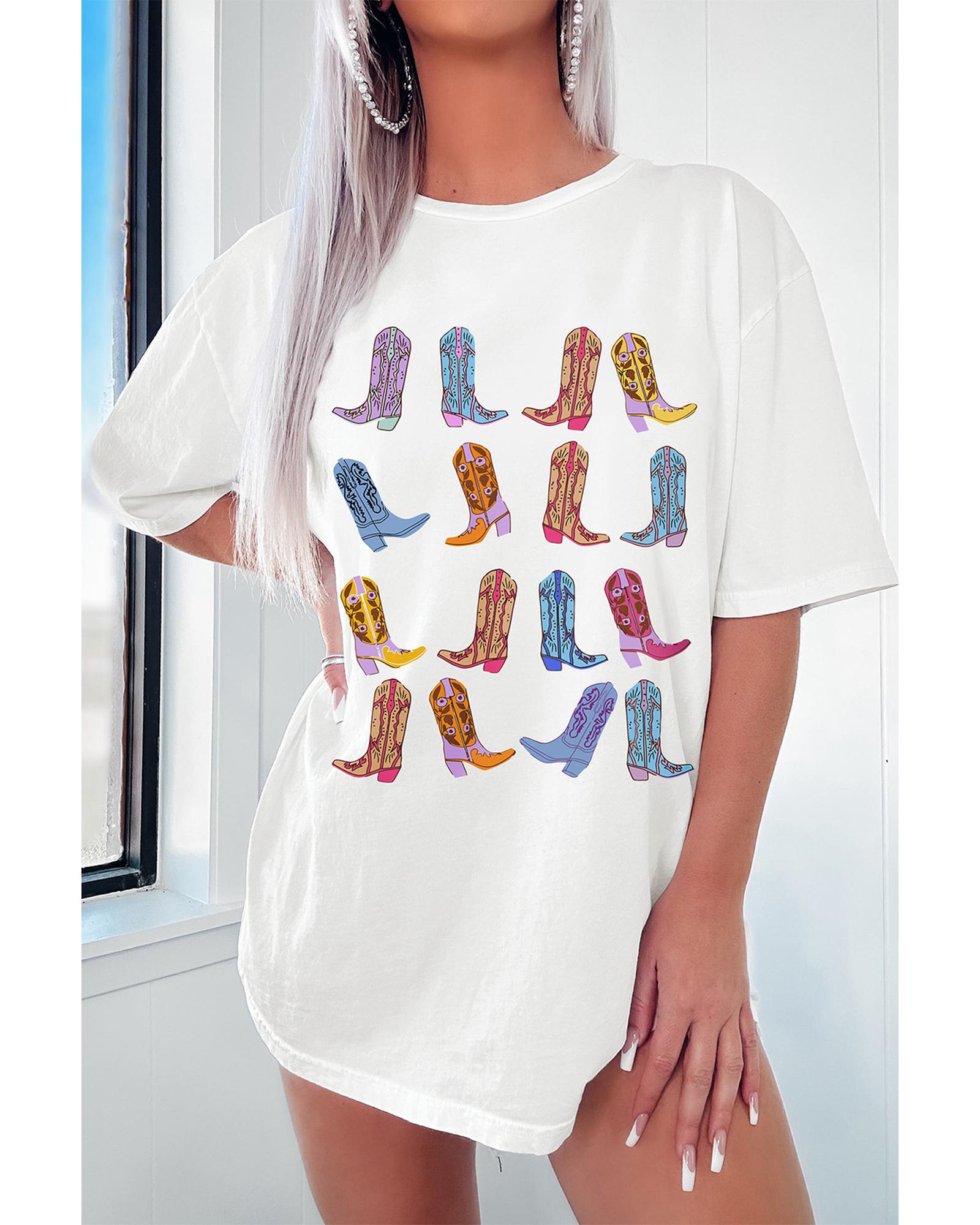 V539-AZEXDC25226369-P101-M-202508271345-00 White Western Cowgirl Boots Graphic Crewneck Tunic T Shirt - M - Image 1