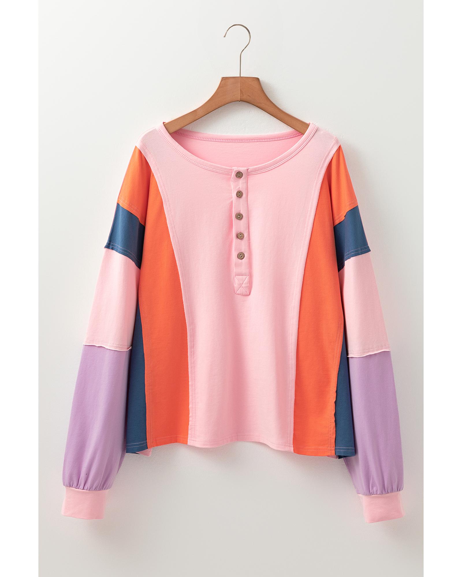 V539-AZEXDC25226490-P1022-XL-202508270250-00 Pink Colorblock Long Sleeve Buttons Henley Top - XL - Image 1