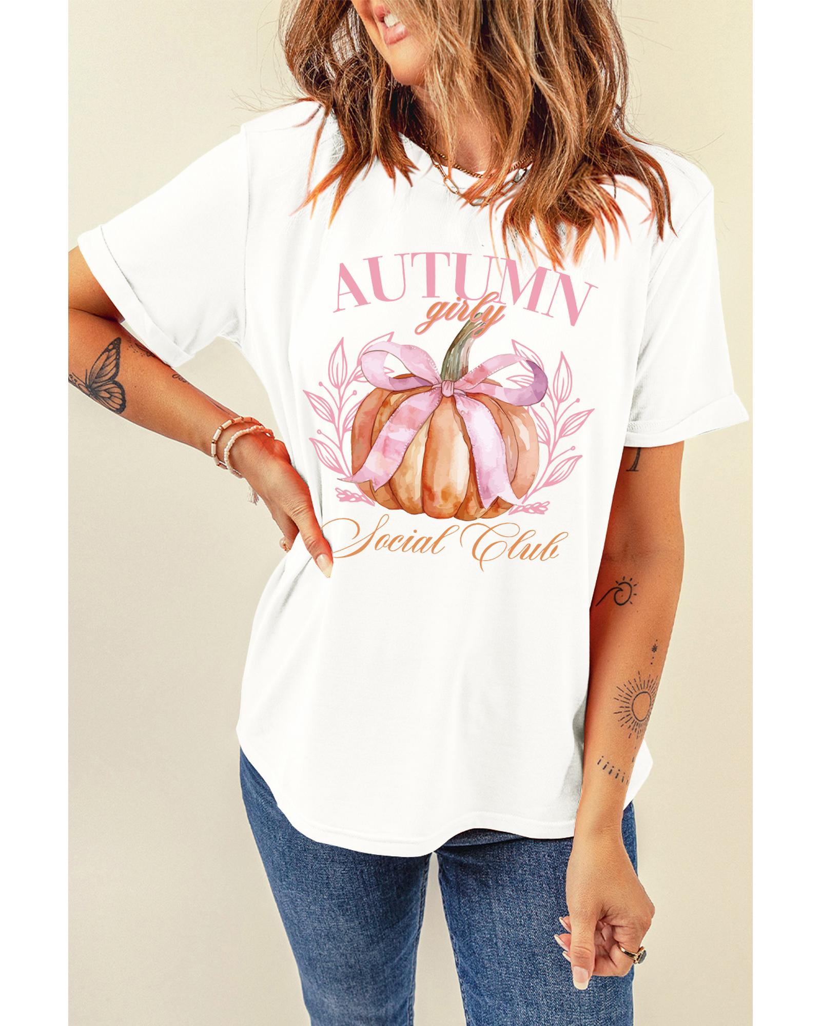 V539-AZEXDC25226495-1-M-202508270540-00 White Autumn Girly Thanksgiving Bowknot Pumpkin Graphic T Shirt - M - Image 1