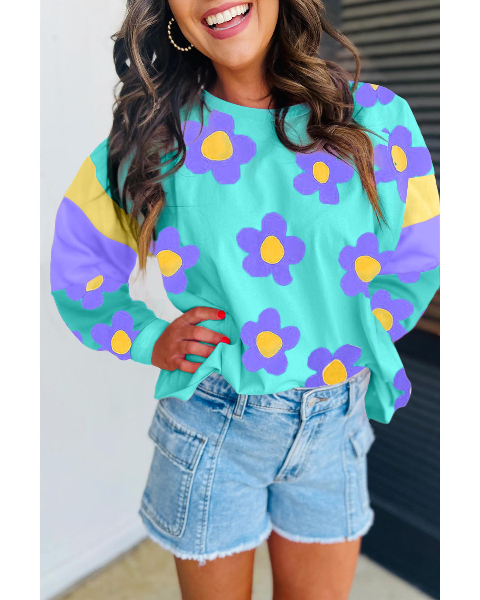 V539-AZEXDC25226579-P420-XL-202508271050-00 Sky Blue Floral Color Block Long Sleeve Loose Top - XL - Image 1