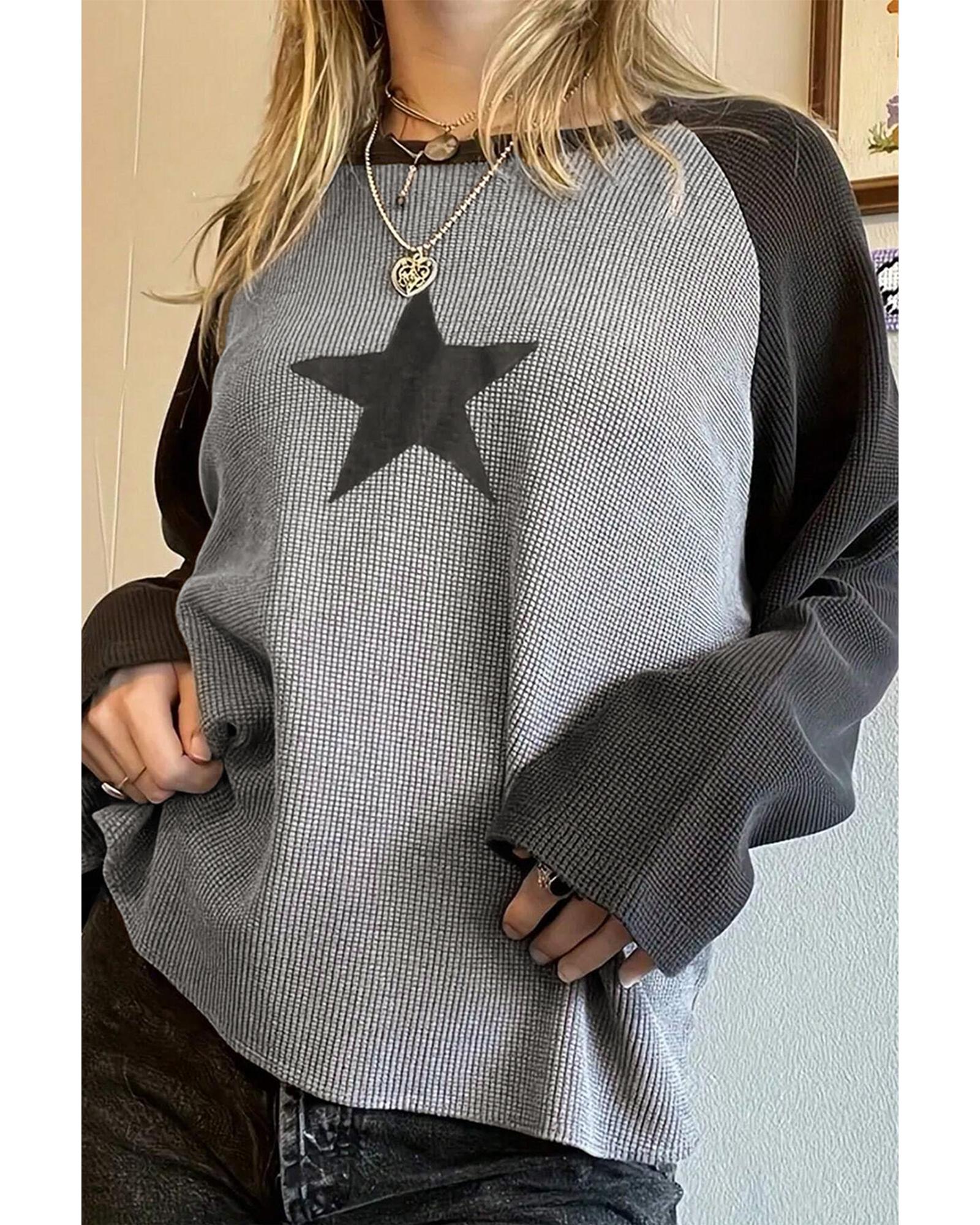 V539-AZEXDC25226590-P6011-L-202508271205-00 High Waffle Knit Colorblock Star Patch Graphic Raglan Top - L - Image 1