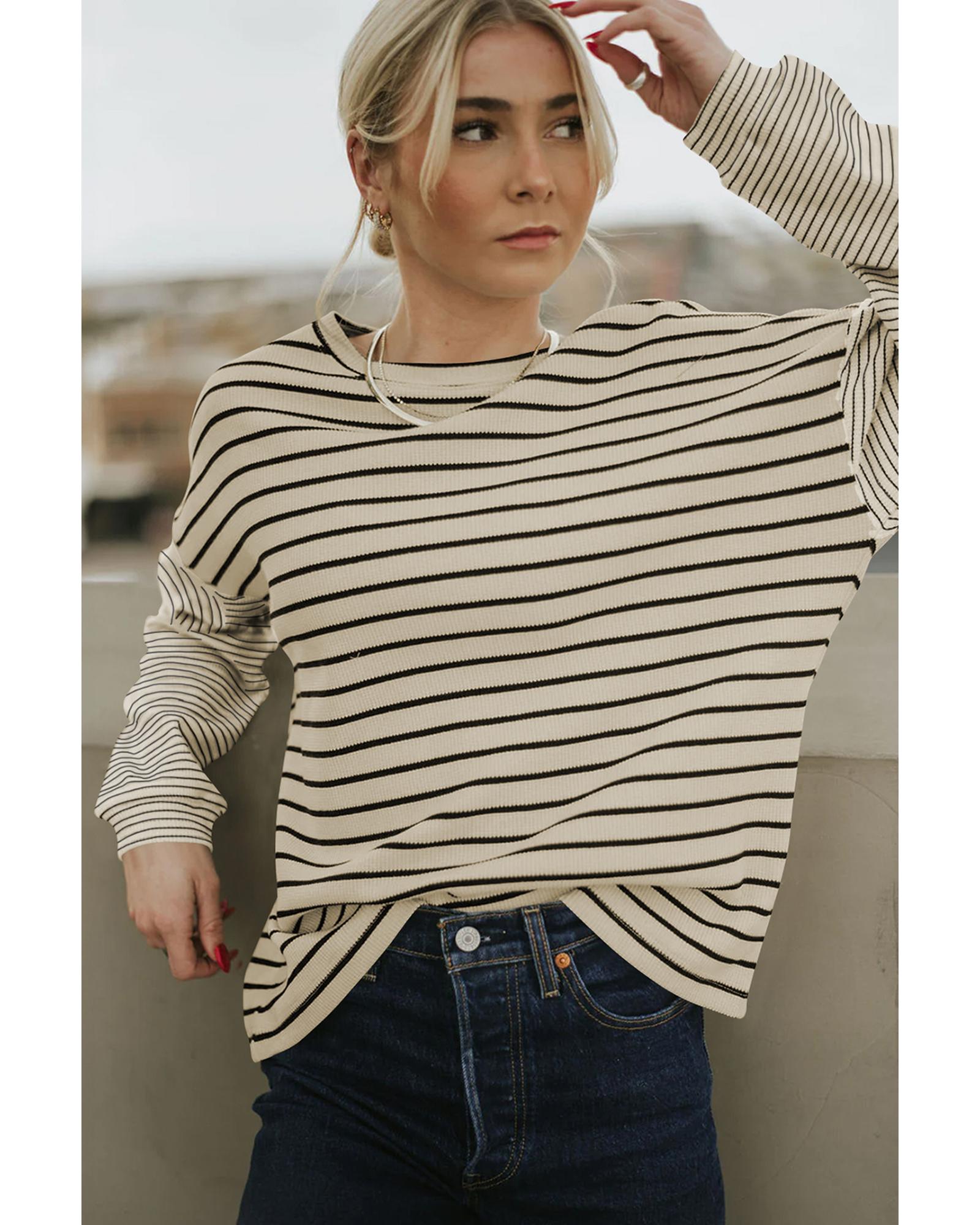 V539-AZEXDC25226592-P2-S-202506121541-00 Black Striped Patchwork Loose Long Sleeve Tee - S - Image 1