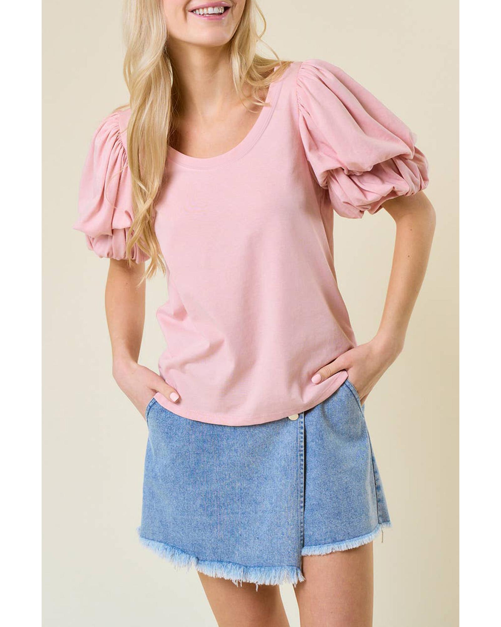 V539-AZEXDC25226708-P1010-L-202508271135-00 Light Pink Scoop Neck Bubble Sleeve Tee - L - Image 1
