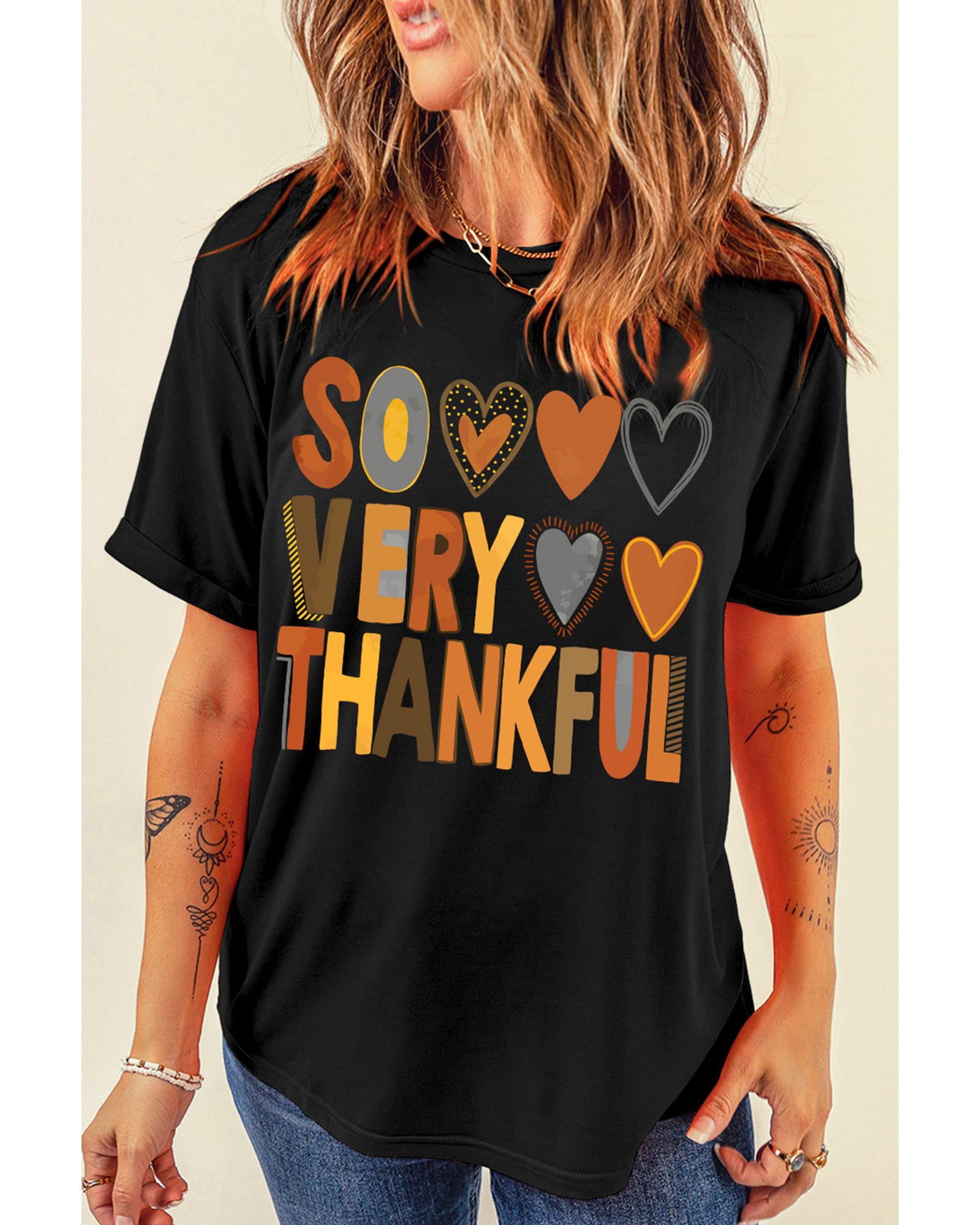V539-AZEXDC25226722-2-S-202506121722-00 Black So Very Thankful Heart Printed Crewneck Thanksgiving T Shirt - S - Image 1