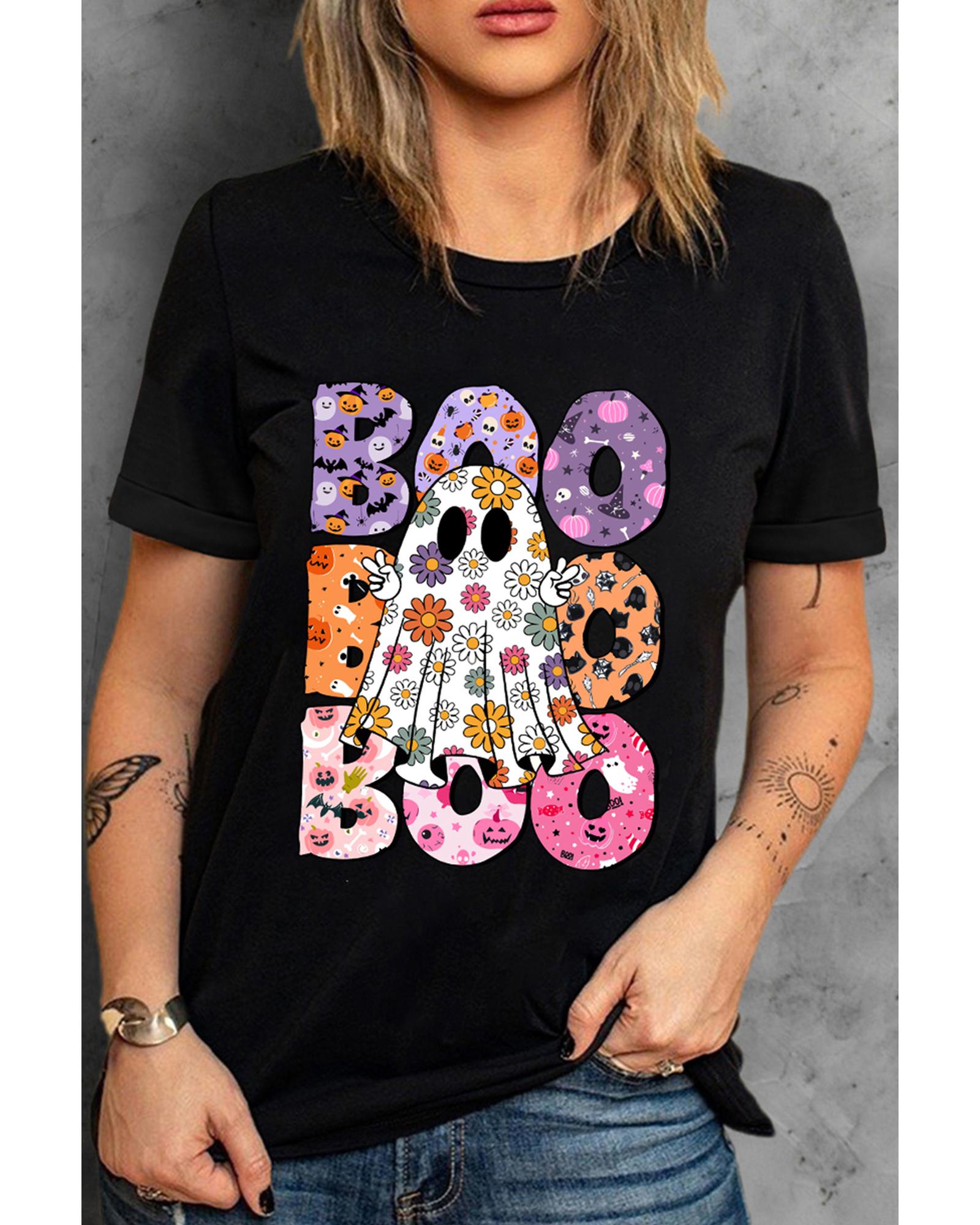 V539-AZEXDC25226725-2-S-202506121732-00 Black BOO Floral Ghost Print Crew Neck Halloween T Shirt - S - Image 1