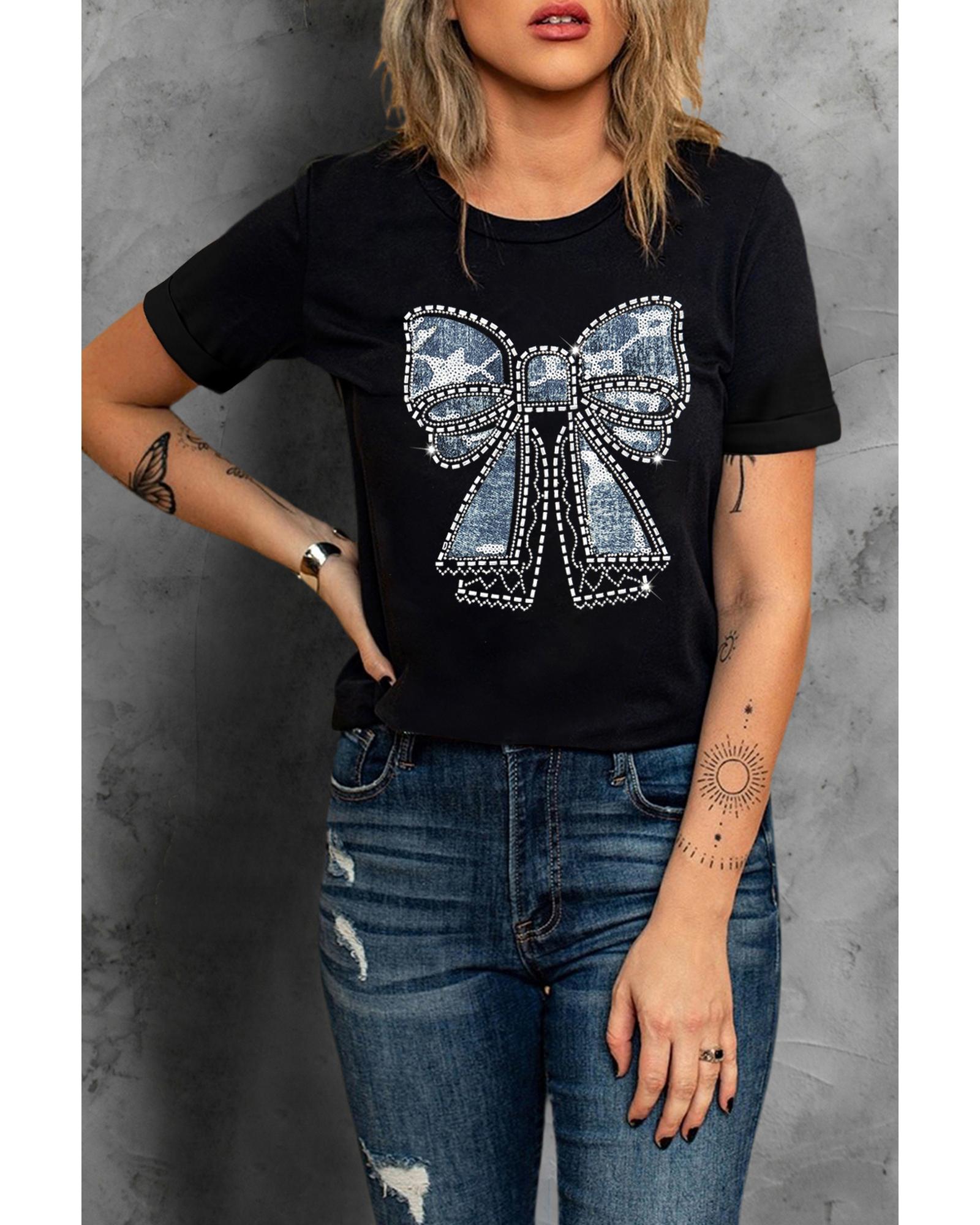V539-AZEXDC25226736-2-S-202506121812-00 Black Rhinestone Bowknot Graphic Crewneck T Shirt - S - Image 1