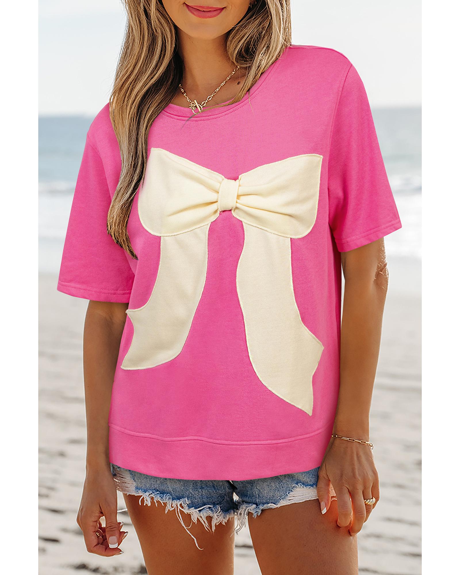 Strawberry Pink Contrasting Color Ribbon Bow Front Patch Loose Tee with Slits - M