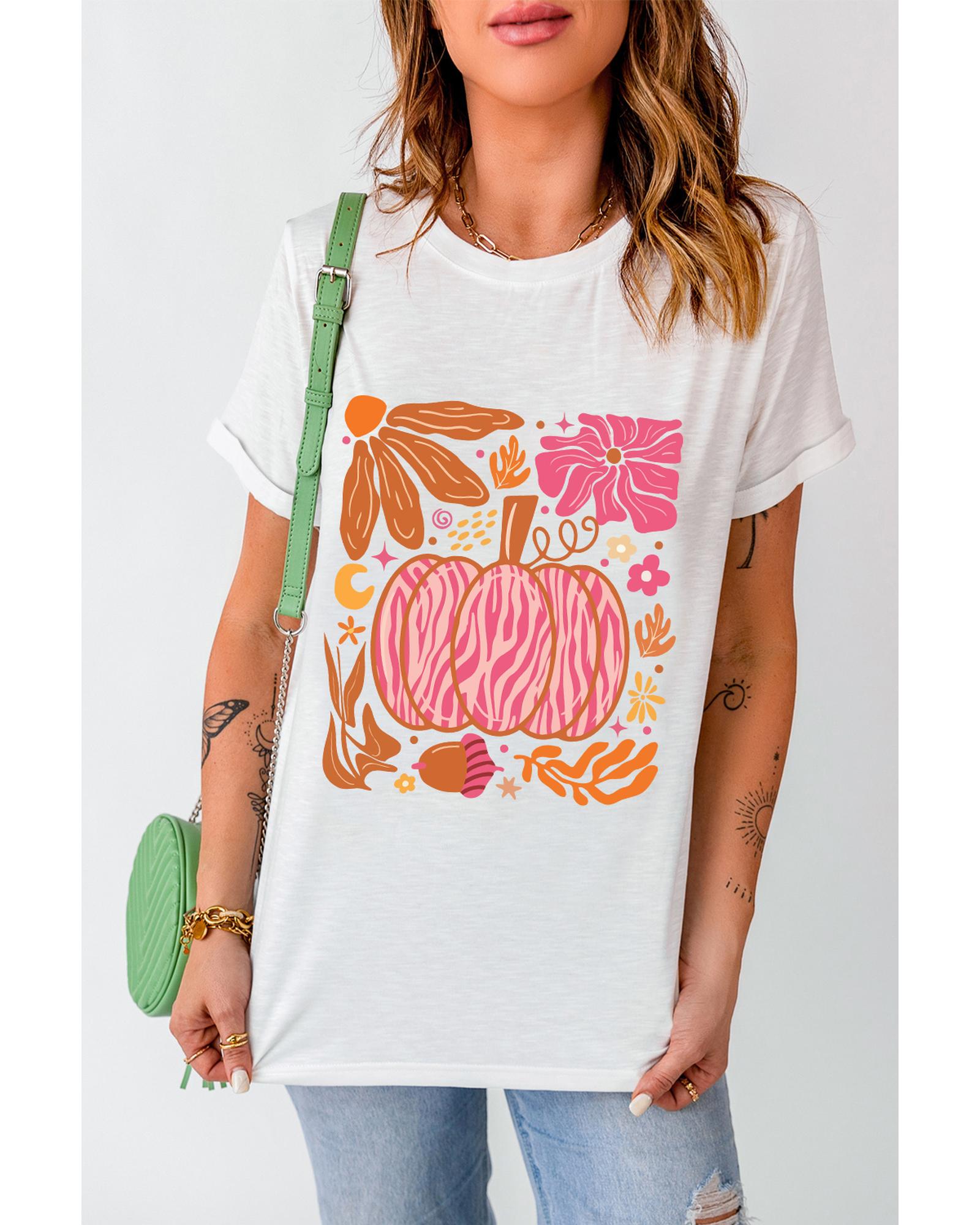 V539-AZEXDC25226751-1-2XL-202508270750-00 White Floral Pumpkin Printed Crewneck Thanksgiving T Shirt - 2XL - Image 1