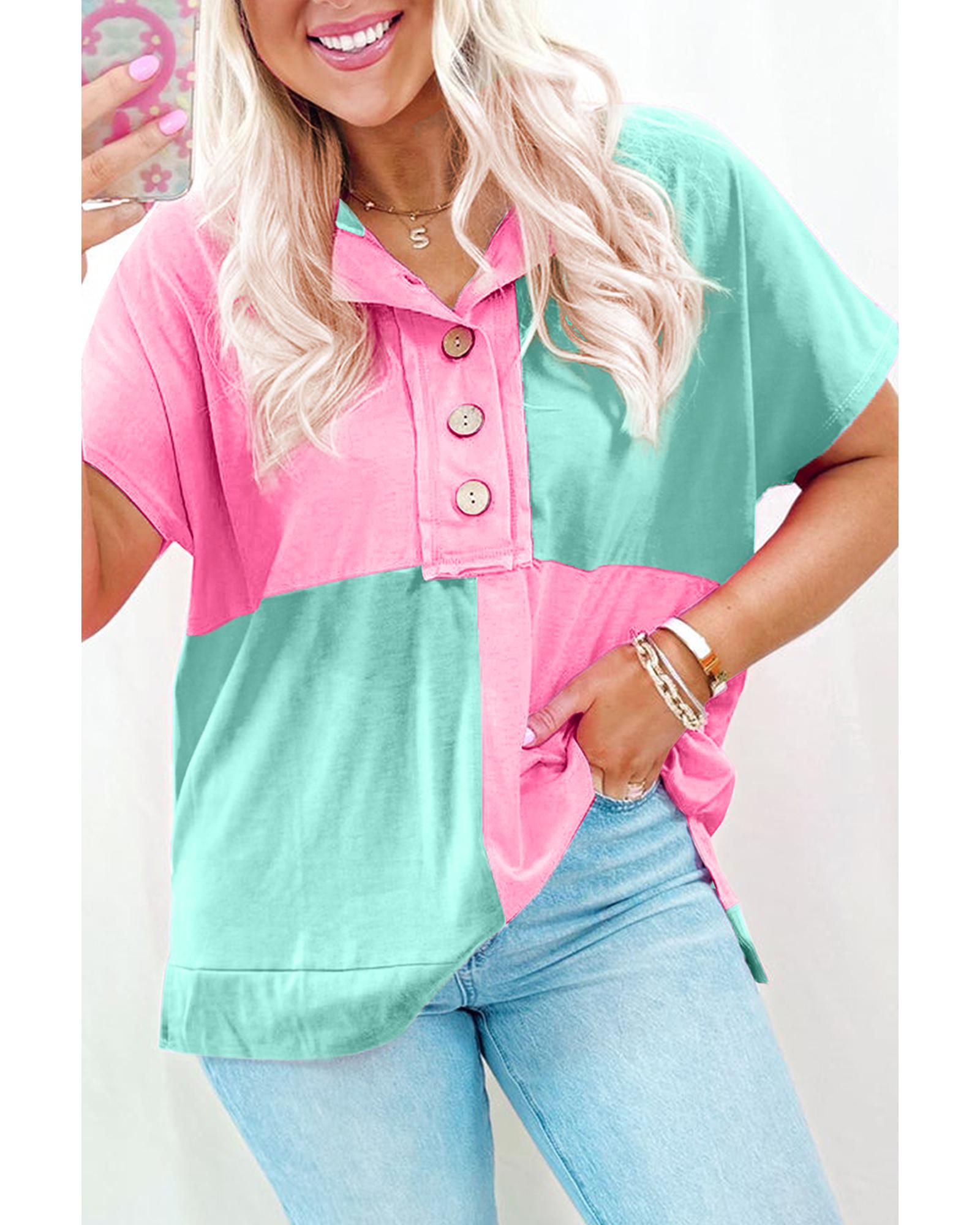 V539-AZEXDC25226756-P1009-S-202506121841-00 Mint Green Two Tone Half Buttons Collared T Shirt - S - Image 1