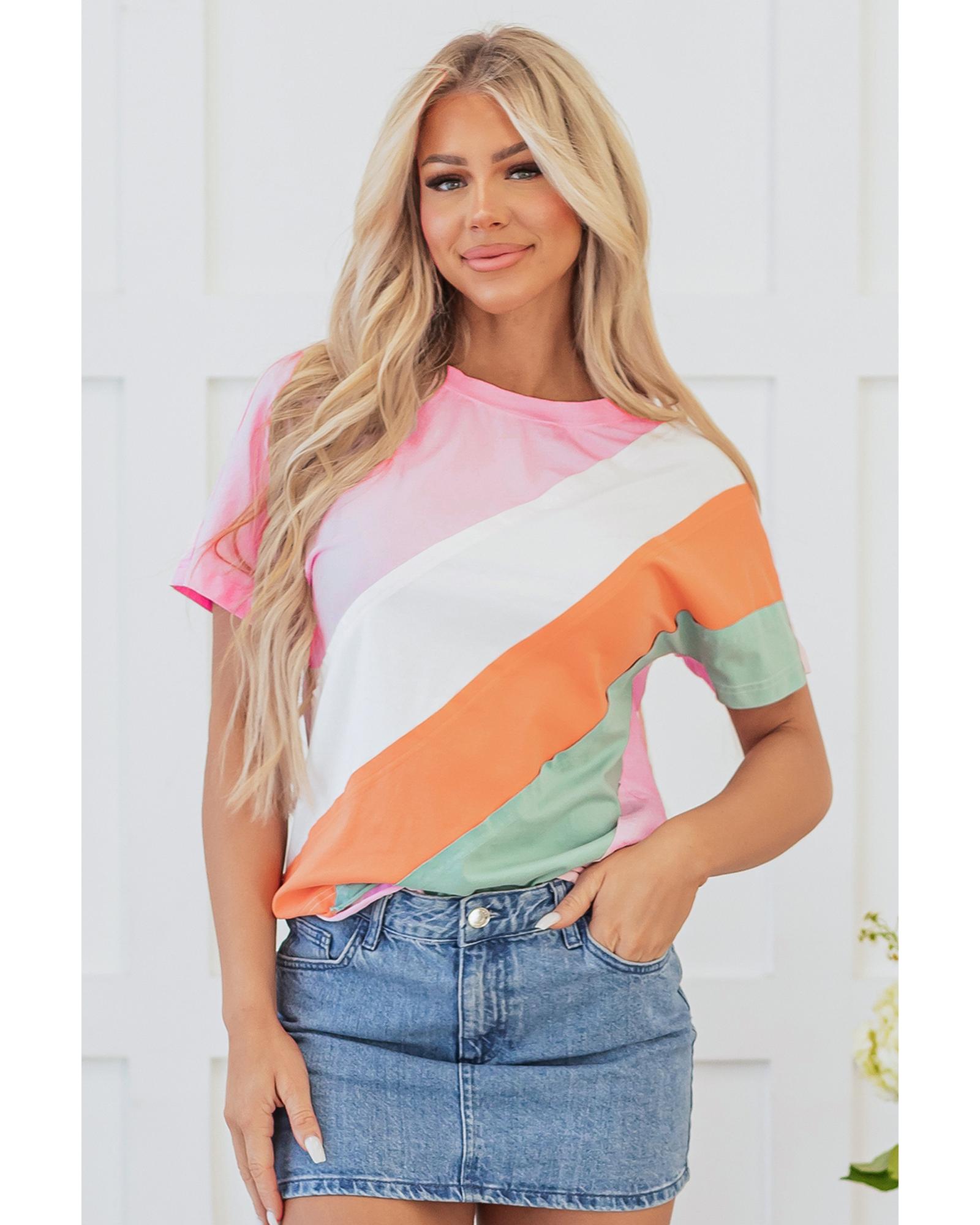 V539-AZEXDC25226763-P10-L-202508272110-00 Pink Color Block Patchwork Seamed Crewneck T Shirt - L - Image 1