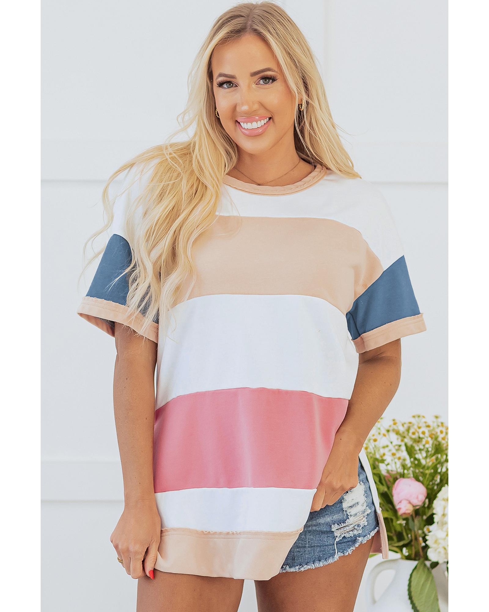 V539-AZEXDC25226764-P22-L-202508270455-00 Multicolour Colorblock Patchwork Side Split Tunic T Shirt - L - Image 1