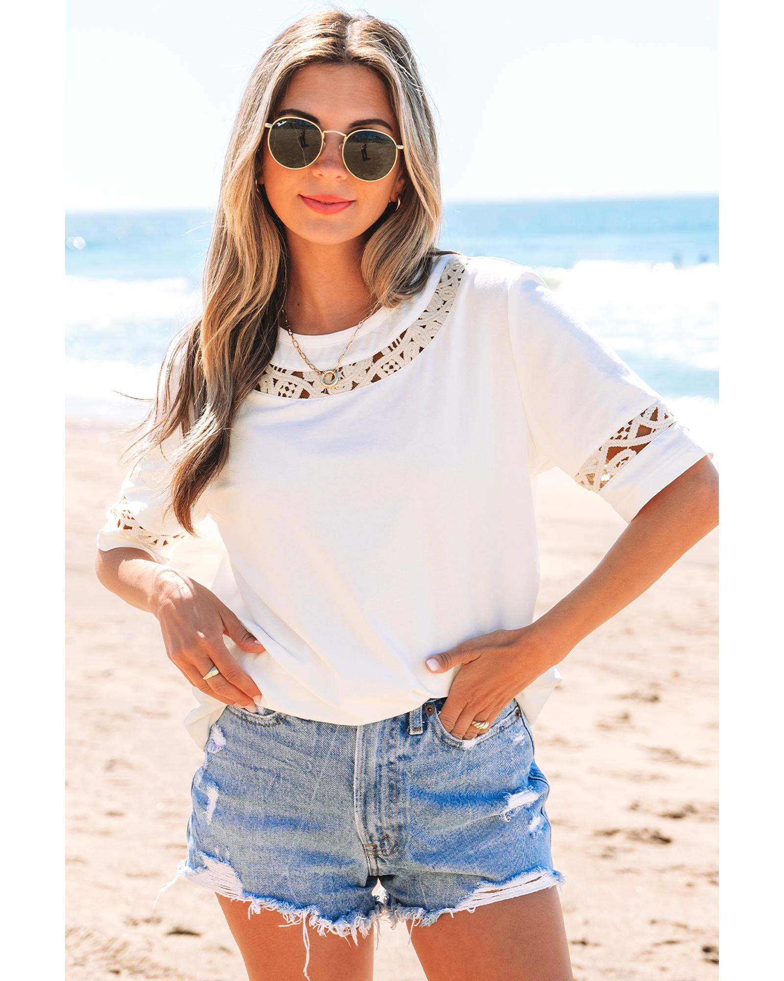 V539-AZEXDC25226765-P1-XL-202508272350-00 White Lace Crochet Crew Neck Casual T Shirt - XL - Image 1
