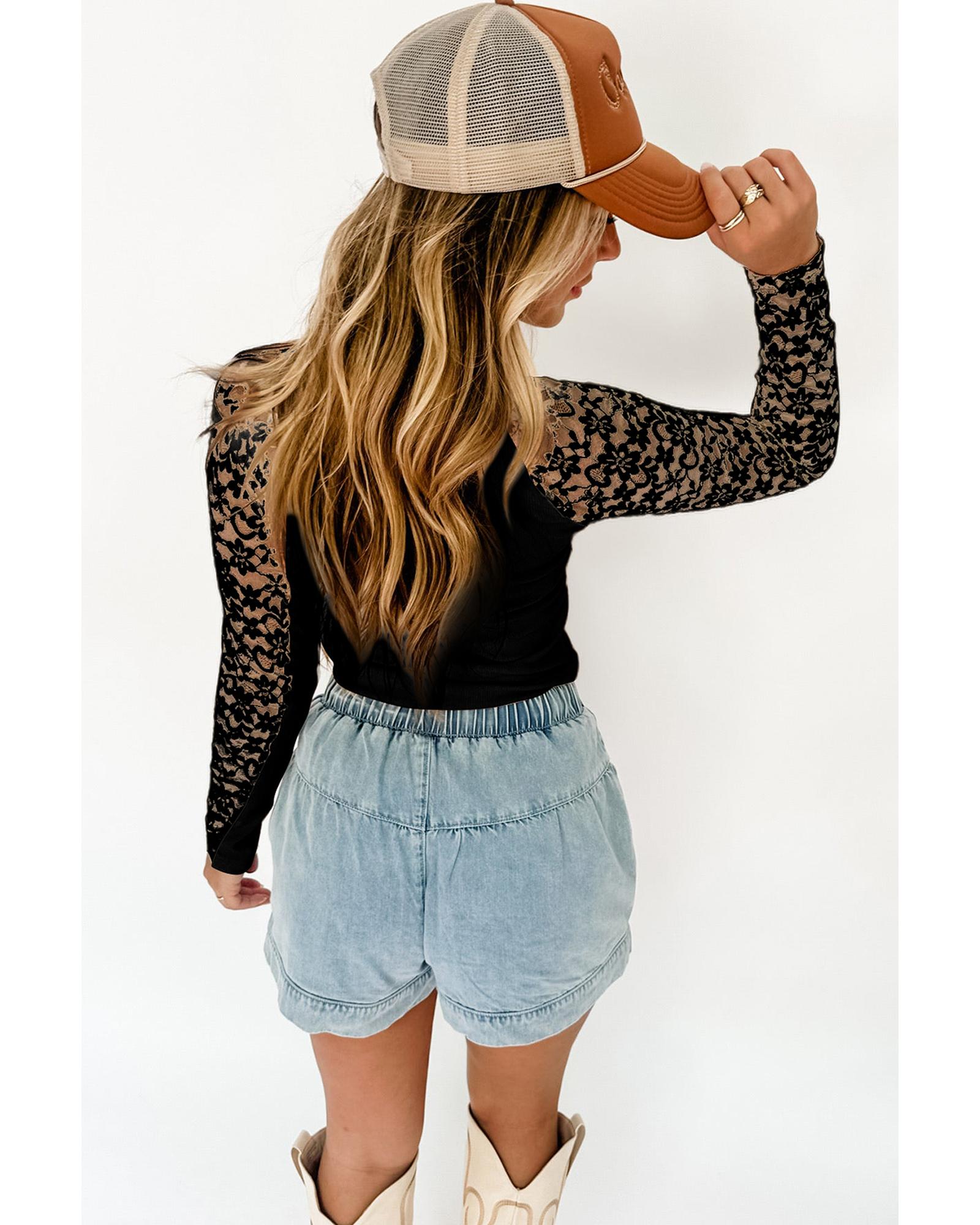 V539-AZEXDC25226767-P2-L-202508272050-00 Black Floral Lace Patchwork Long Sleeve High Neck Slim Top - L - Image 1