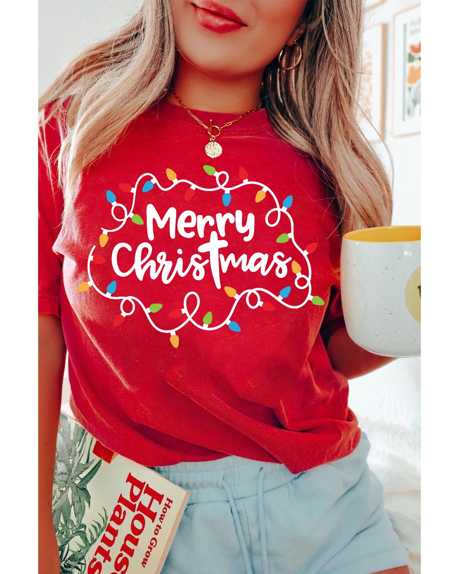 V539-AZEXDC25226782-103-M-202508270505-00 Red Merry Christmas Lights Print Crew Neck T Shirt - M - Image 1