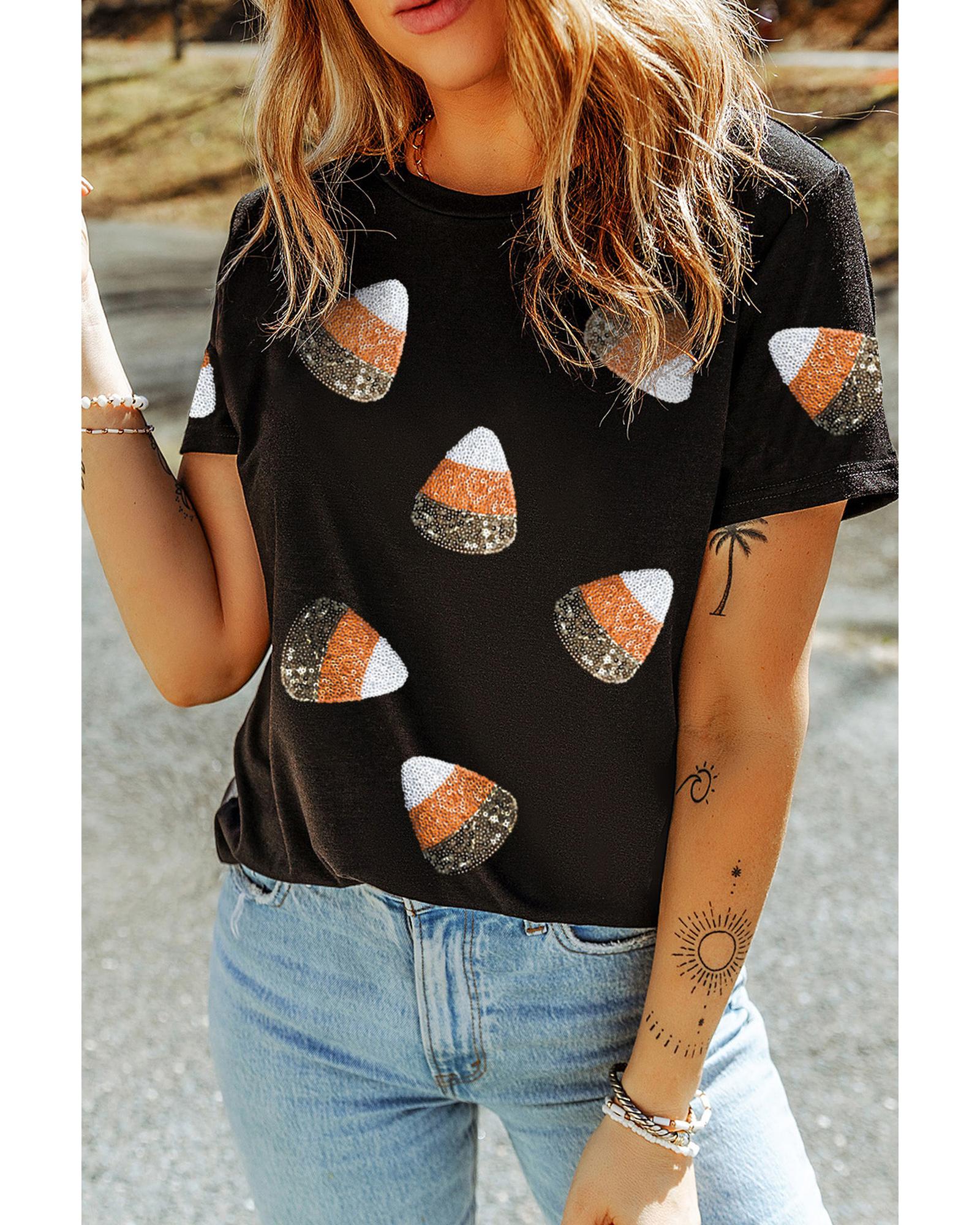 V539-AZEXDC25226783-2-XL-202508271510-00 Black Sequin Triangle Patched Pattern Halloween T Shirt - XL - Image 1