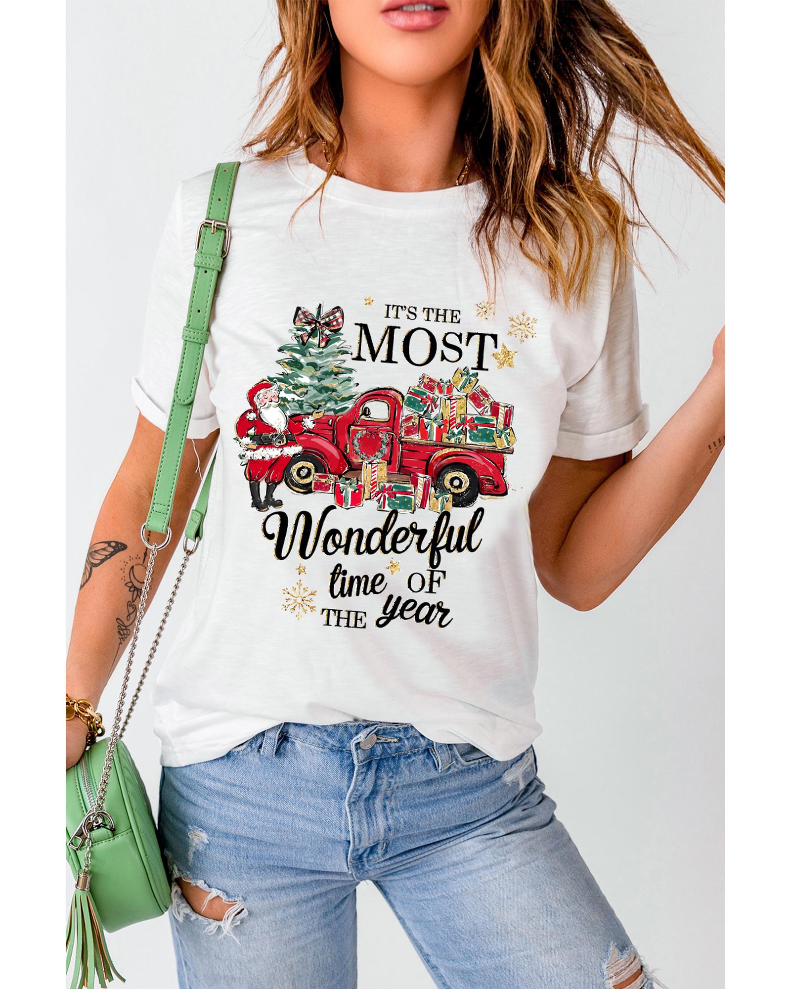 V539-AZEXDC25226798-1-2XL-202508291820-00 White Christmas Pattern Slogan Print Crew Neck T Shirt - 2XL - Image 1