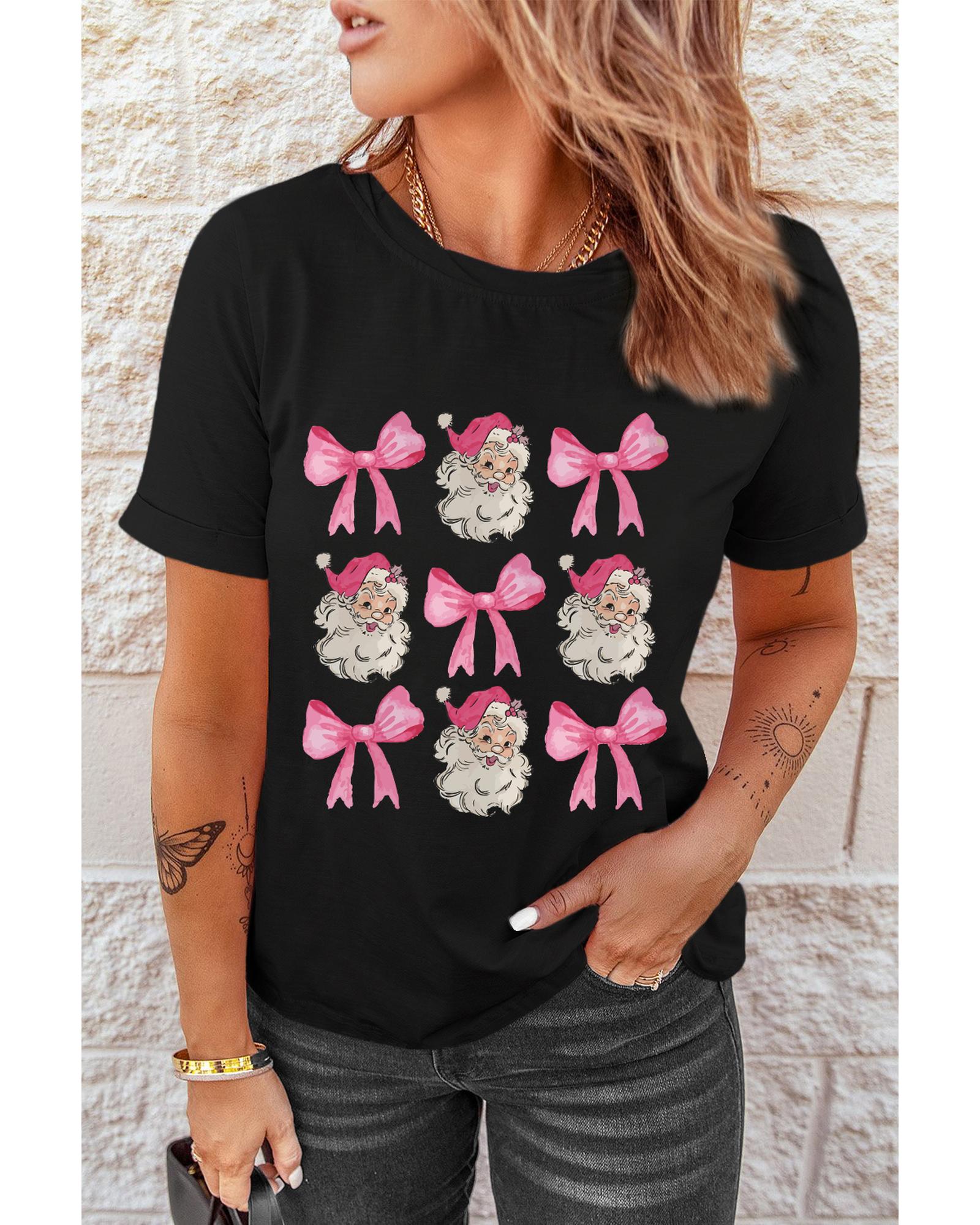 V539-AZEXDC25226799-2-L-202508280025-00 Black Santa Claus Bow Knot Christmas Graphic T Shirt - L - Image 1