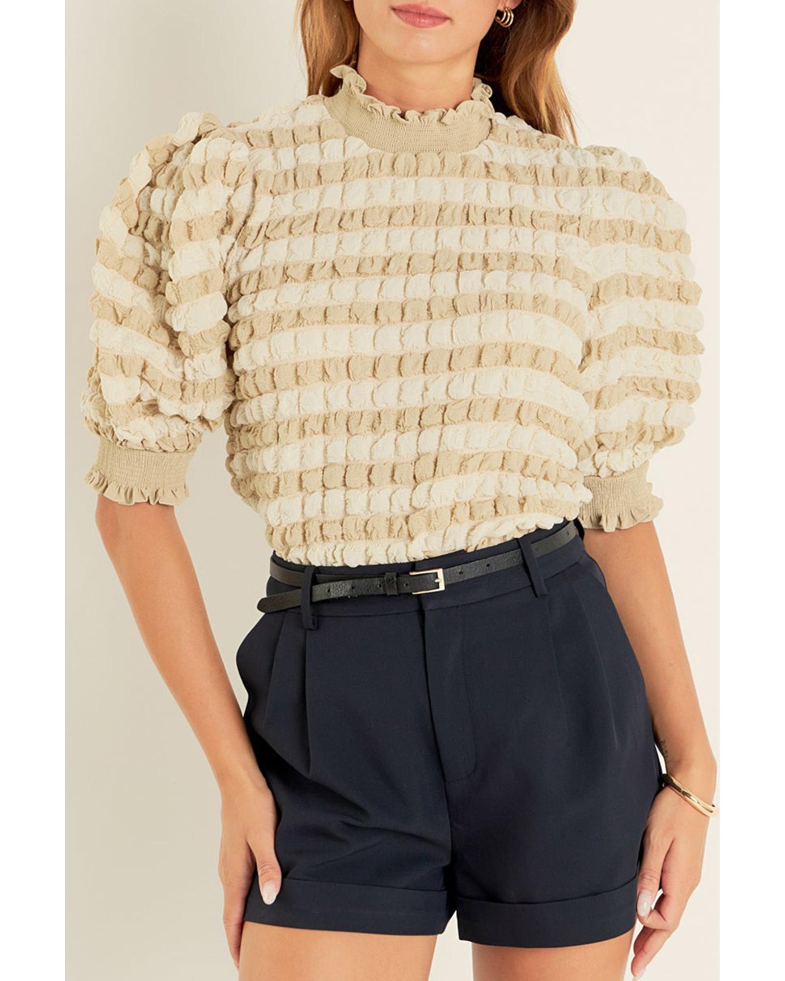 V539-AZEXDC25226803-P15-S-202506121442-00 Beige Textured Mock Neck Short Sleeve Blouse - S - Image 1