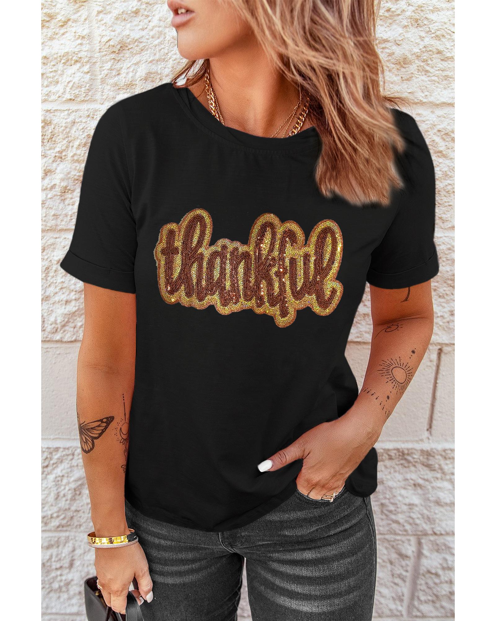 V539-AZEXDC25226827-2-M-202508300135-00 Black Sequined Thankful Round Neck Graphic Tee - M - Image 1
