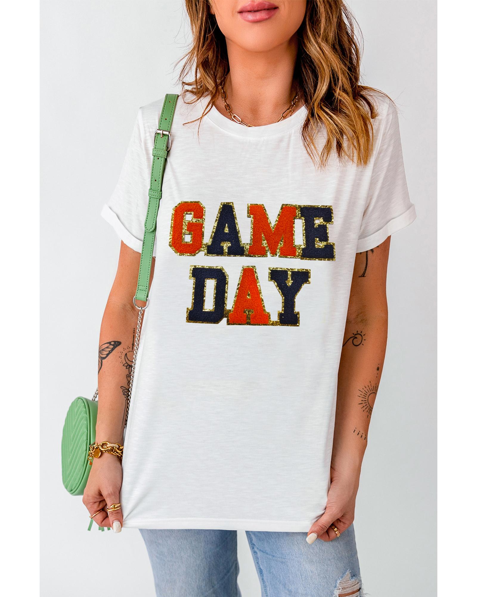 V539-AZEXDC25226828-1-2XL-202508280355-00 White Glitter GAME DAY Rugby Football Season Round Neck T Shirt - 2XL - Image 1