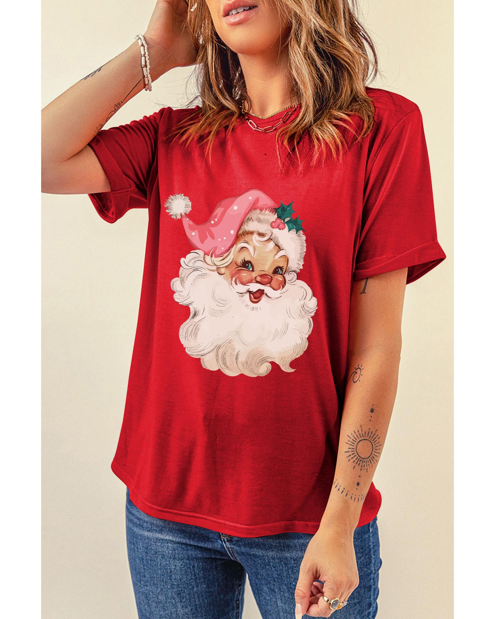 V539-AZEXDC25226829-103-S-202506121516-00 Red Christmas Santa Claus Print Crew Neck T Shirt - S - Image 1
