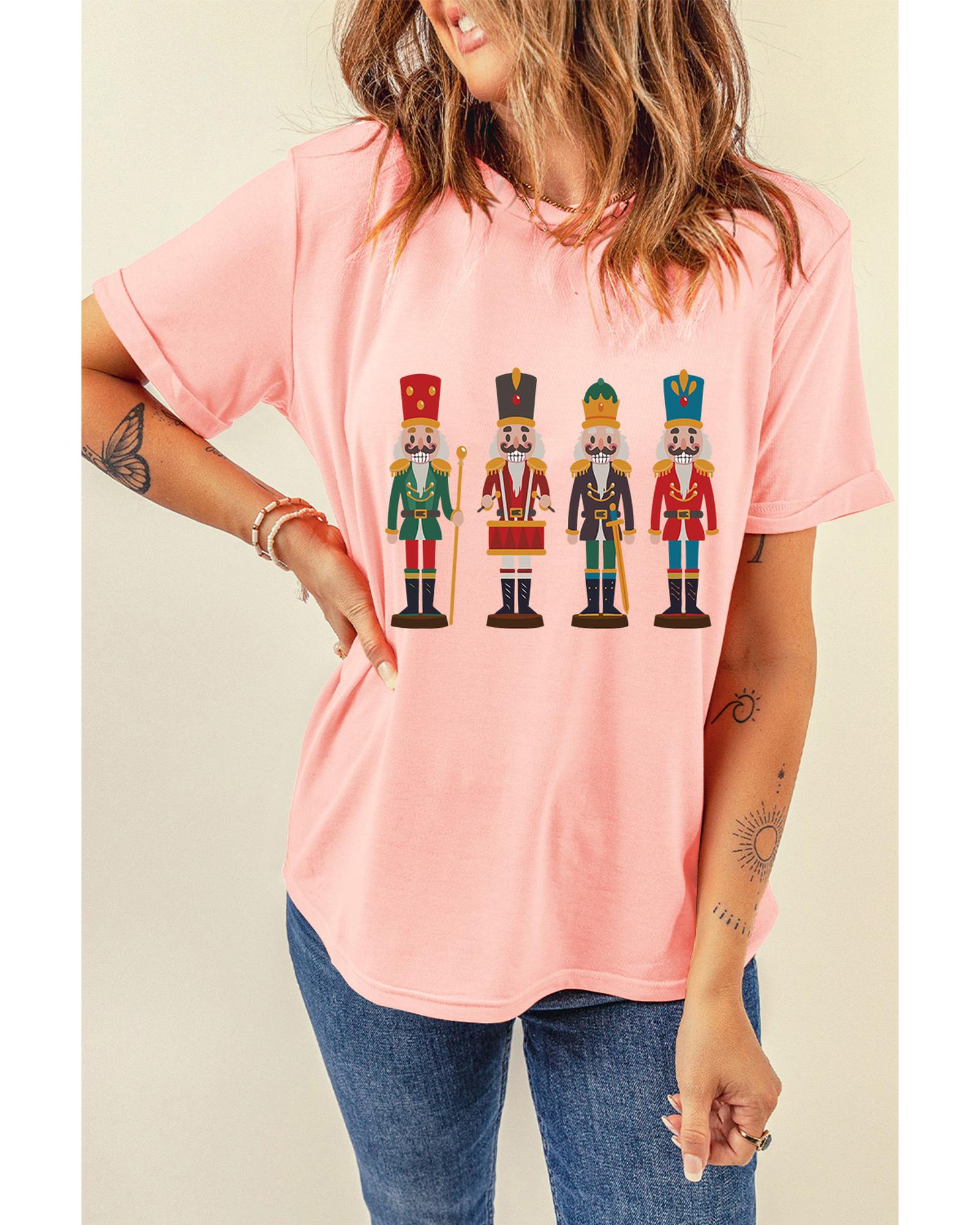 V539-AZEXDC25226860-10-XL-202508282130-00 Pink Cute Nutcracker Graphic Crewneck Christmas T Shirt - XL - Image 1