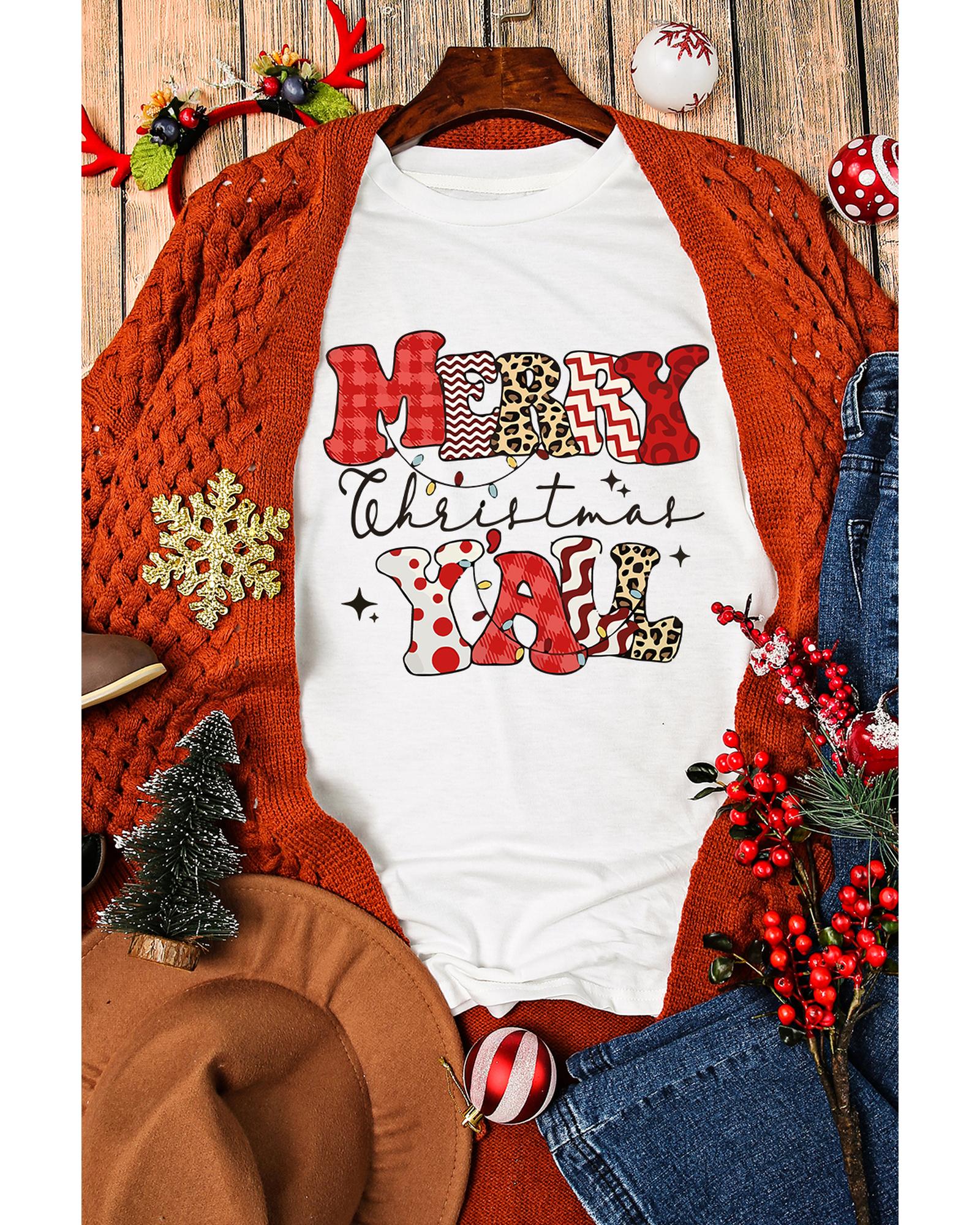 V539-AZEXDC25226861-1-2XL-202508282335-00 White MERRY Christmas YAll Graphic Crewneck T Shirt - 2XL - Image 1