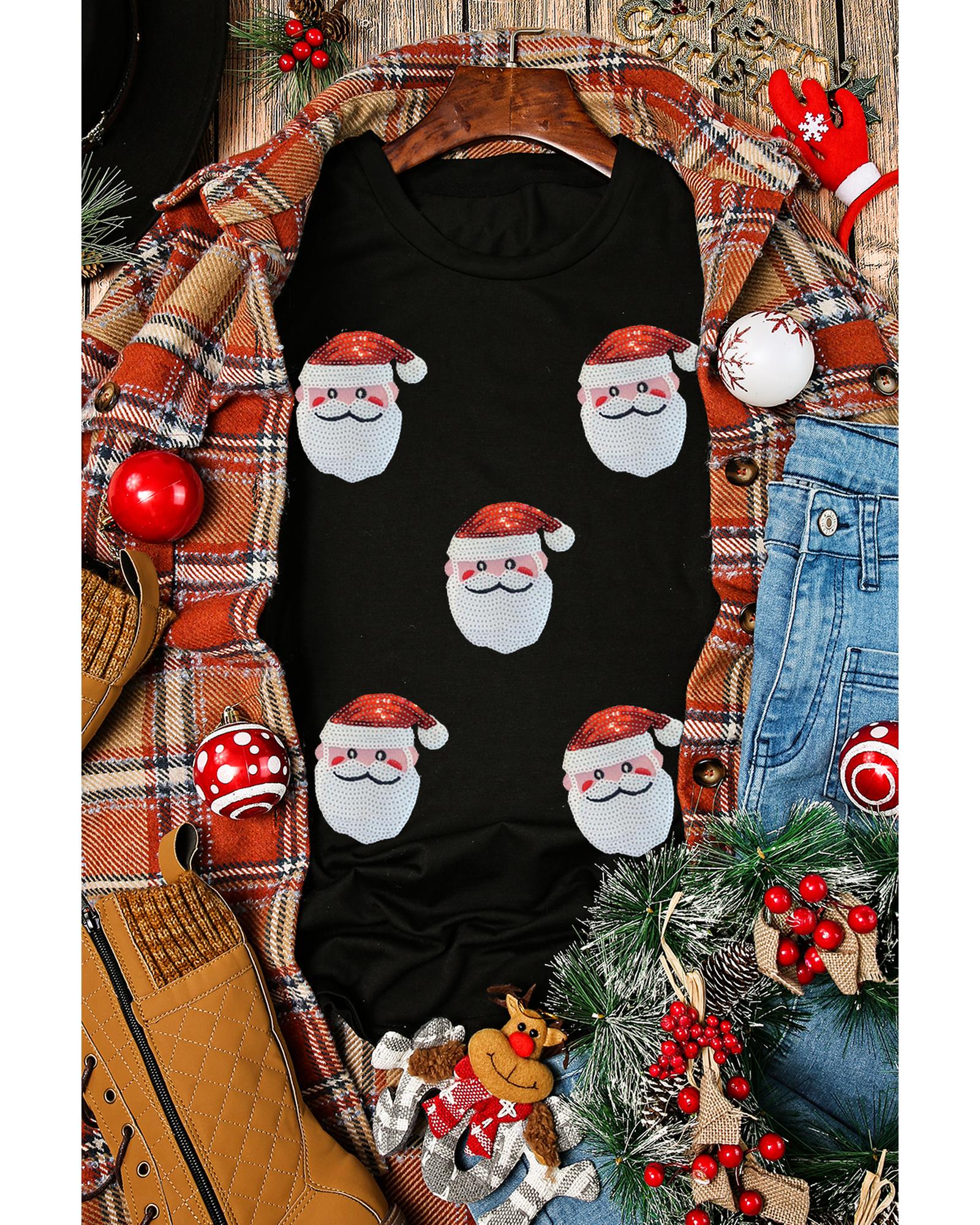 V539-AZEXDC25226862-2-M-202508300015-00 Black Sequin Christmas Claus Pattern Crewneck T Shirt - M - Image 1
