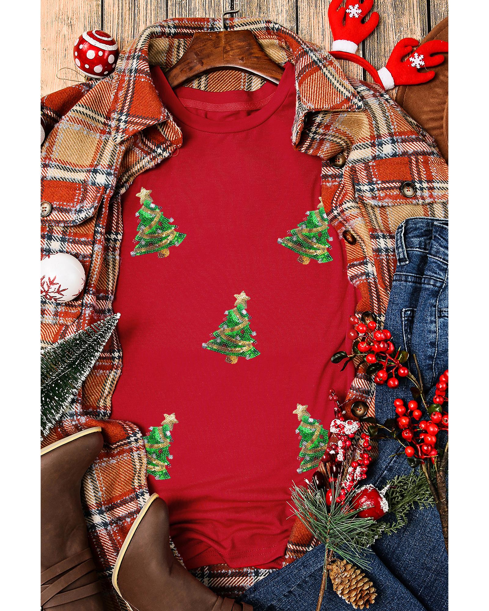 V539-AZEXDC25226863-103-2XL-202508280245-00 Red Sequined Christmas Tree Graphic Crewneck T Shirt - 2XL - Image 1