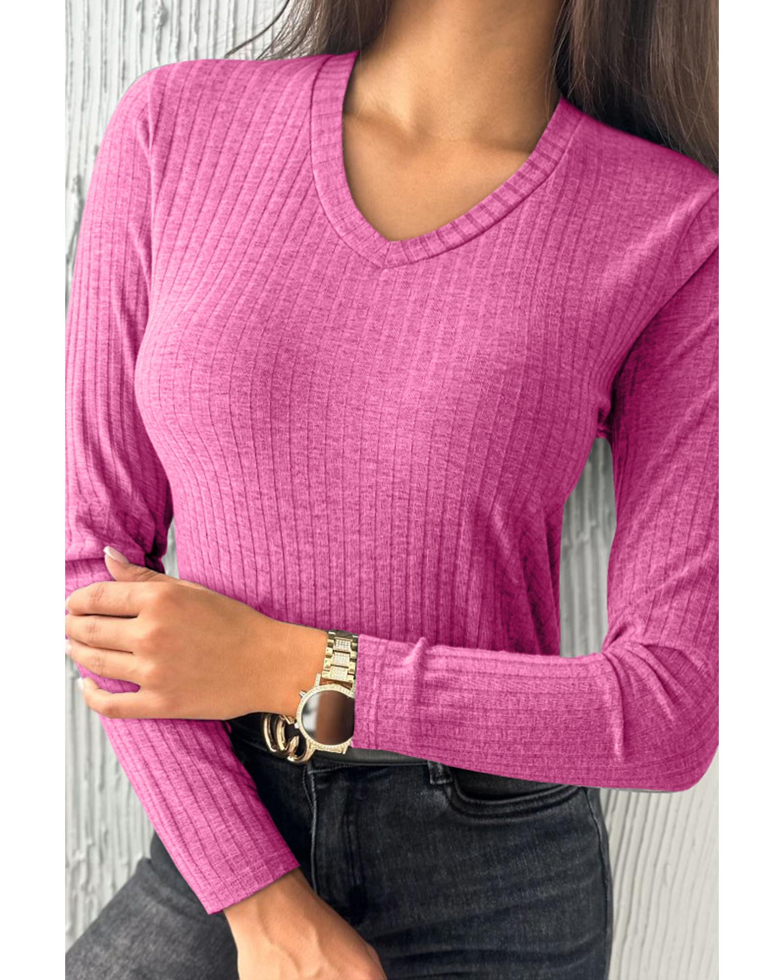 V539-AZEXDC25226886-P306-XL-202508290225-00 Strawberry Pink Ribbed Knit V Neck Long Sleeve Slim Fit Top - XL - Image 1
