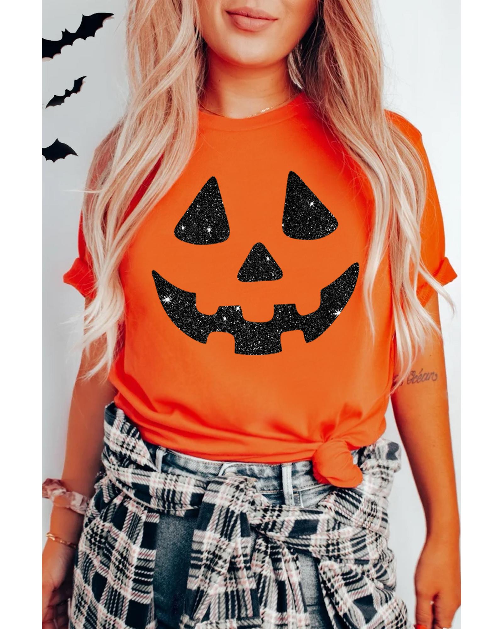 V539-AZEXDC25226897-14-3XL-202508280830-00 Orange Glittering Pumpkin Face Graphic Crewneck T Shirt - 3XL - Image 1