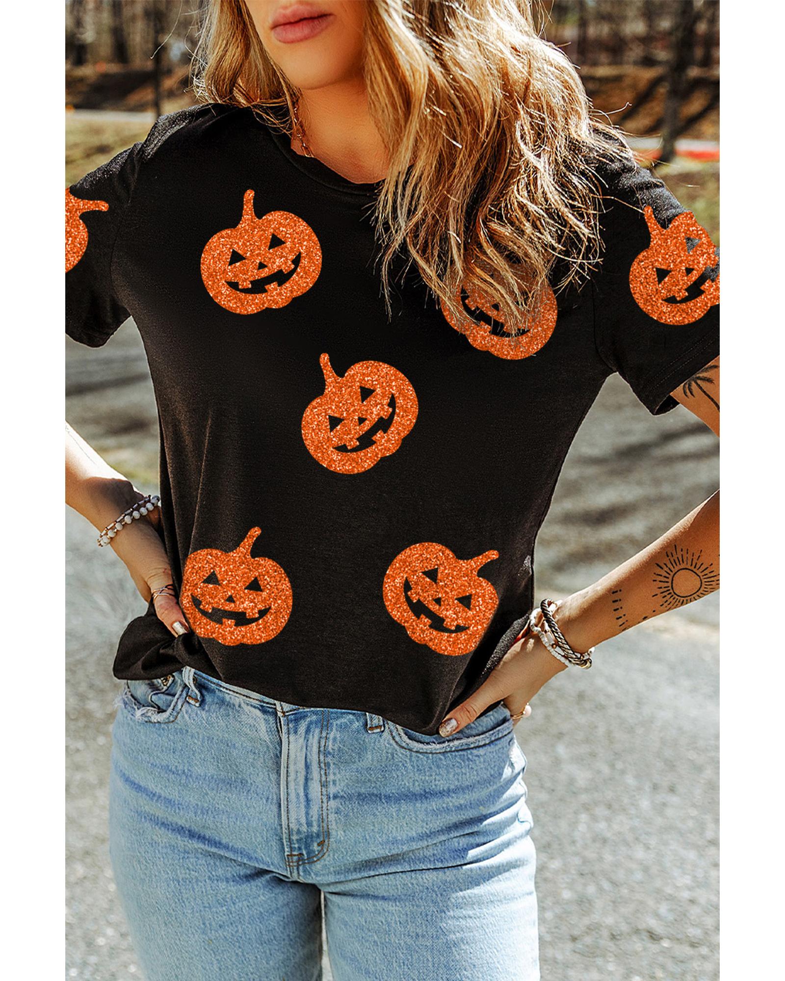 Black Glittering Pumpkin Face Graphic Crewneck Halloween T Shirt - S