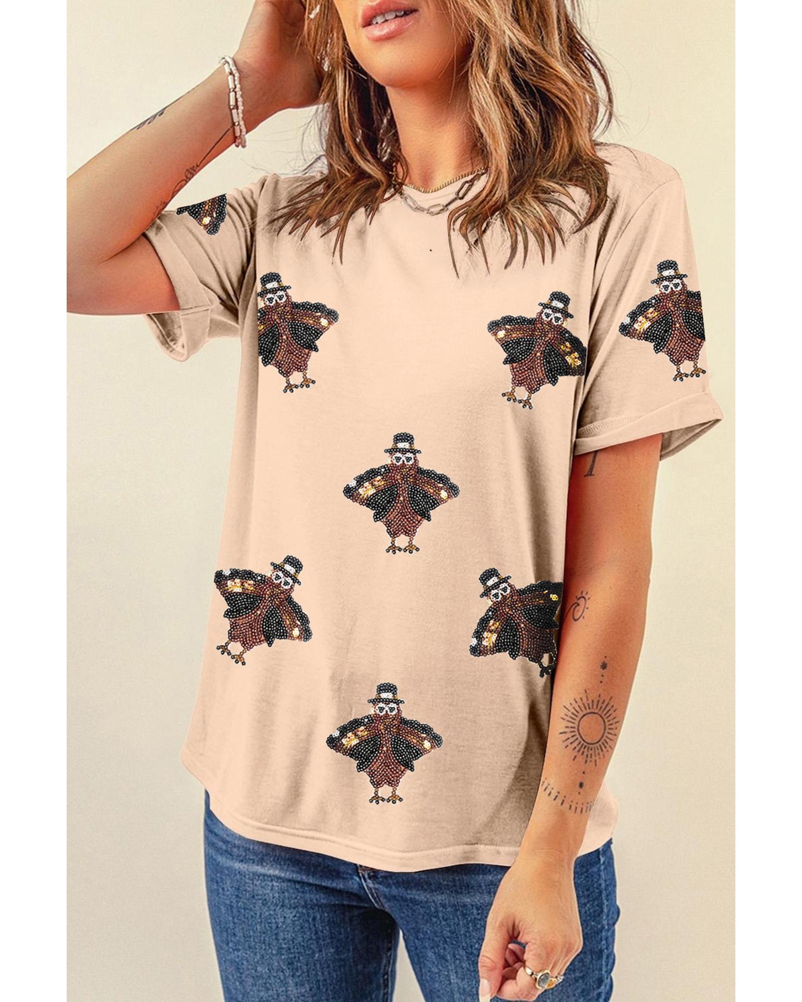 V539-AZEXDC25226919-16-M-202508291930-00 Khaki Sequined Turkey Patched Pattern Crewneck Thanksgiving T Shirt - M - Image 1