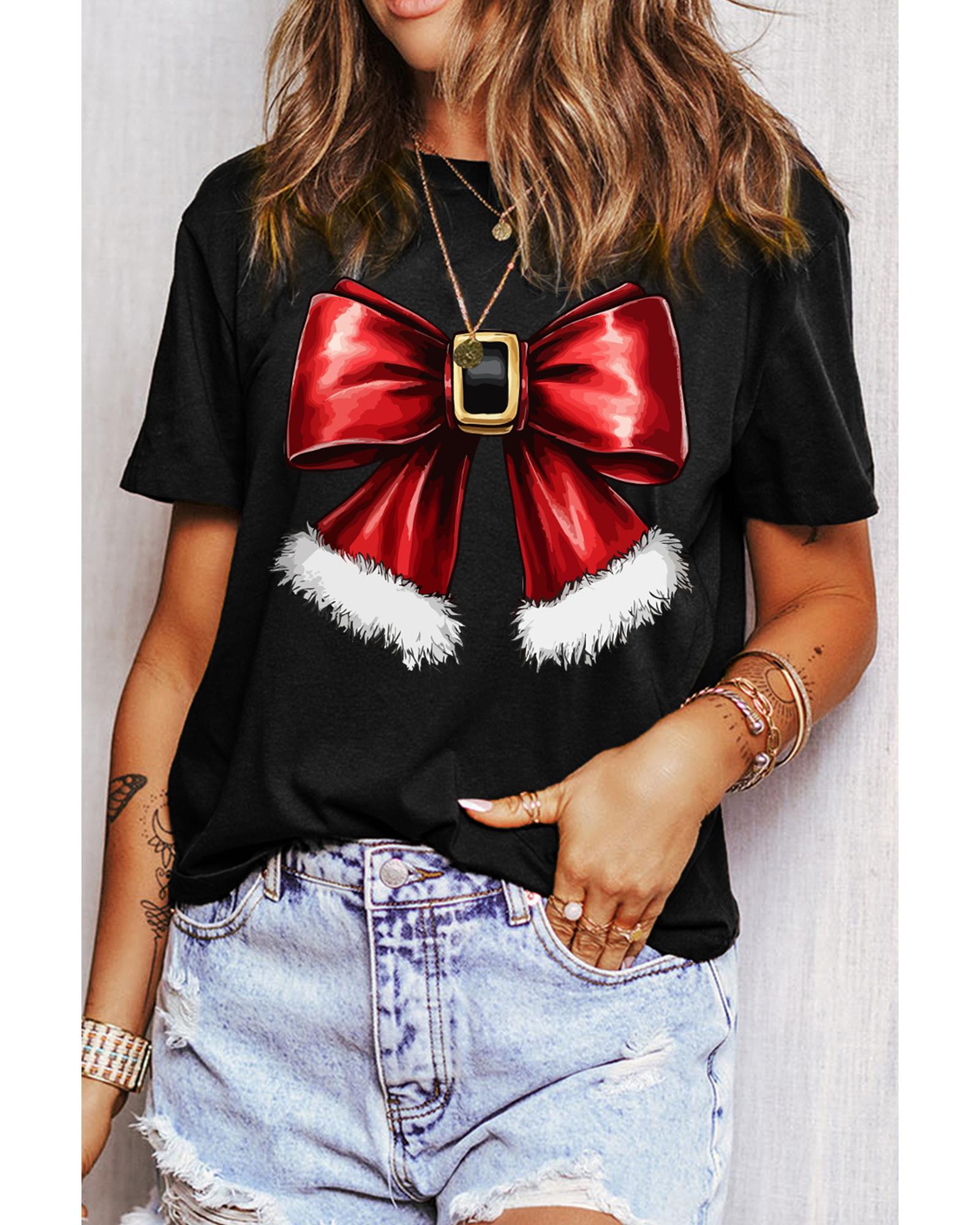 V539-AZEXDC25226942-2-M-202508292215-00 Black Christmas Big Bowknot Graphic Crewneck T Shirt - M - Image 1
