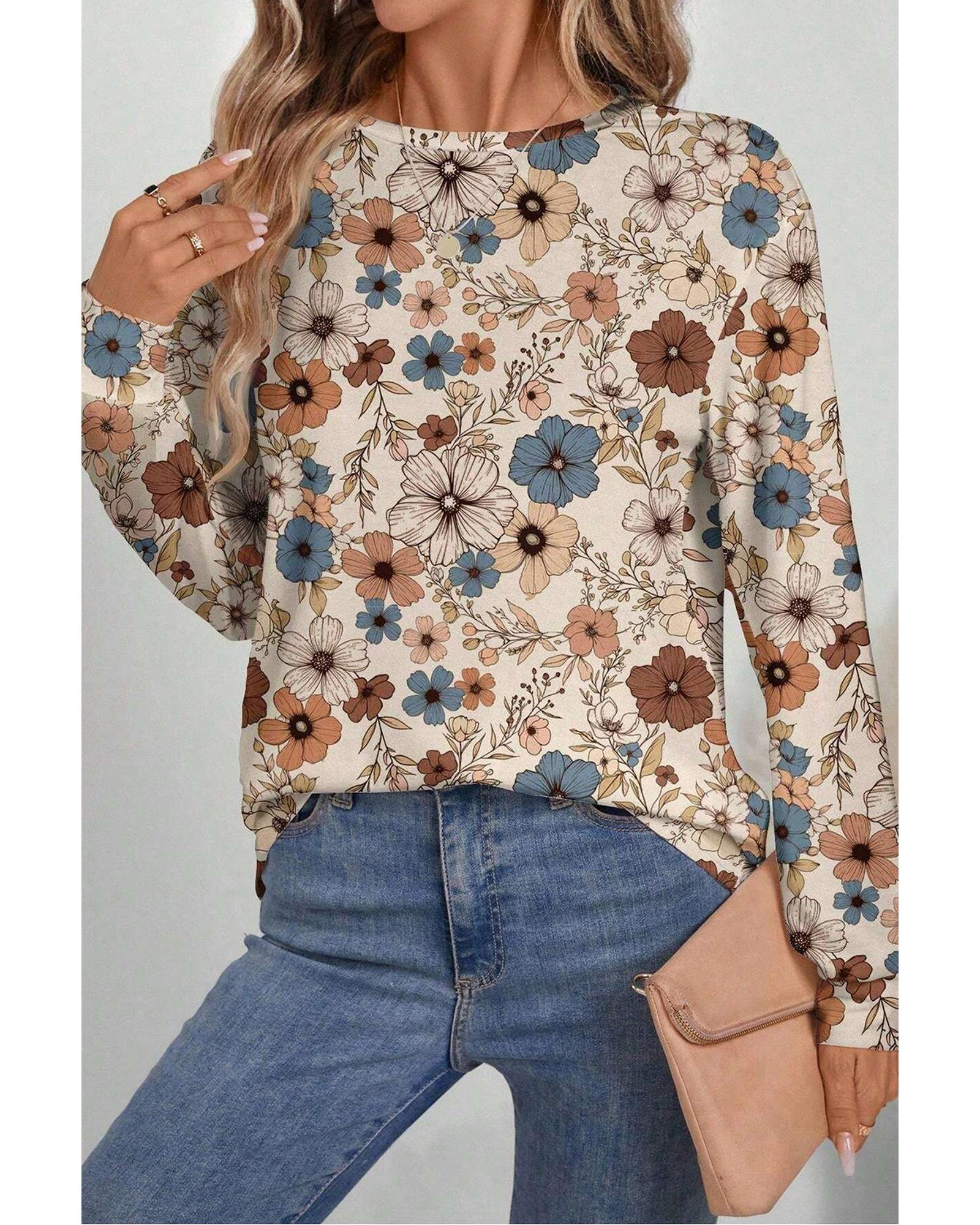 Khaki Floral Print Loose Crew Neck Long Sleeve T Shirt - M