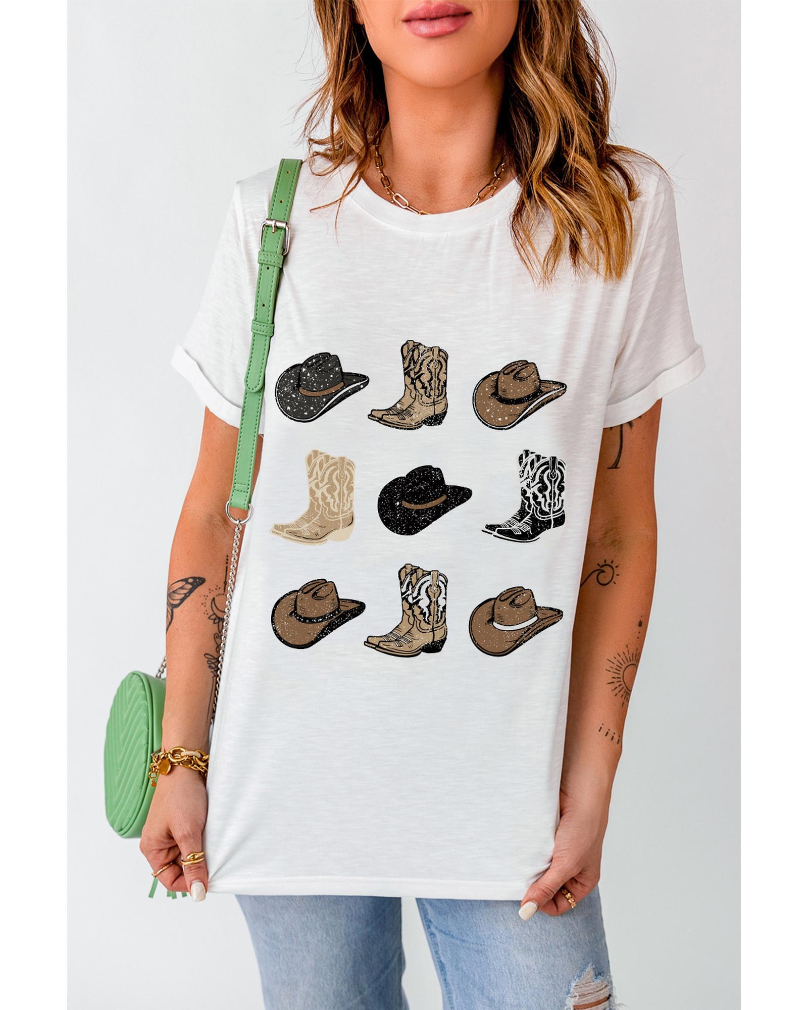 V539-AZEXDC25227031-1-3XL-202508281900-00 White Cowboys Boots Western Fashion Print T Shirt - 3XL - Image 1