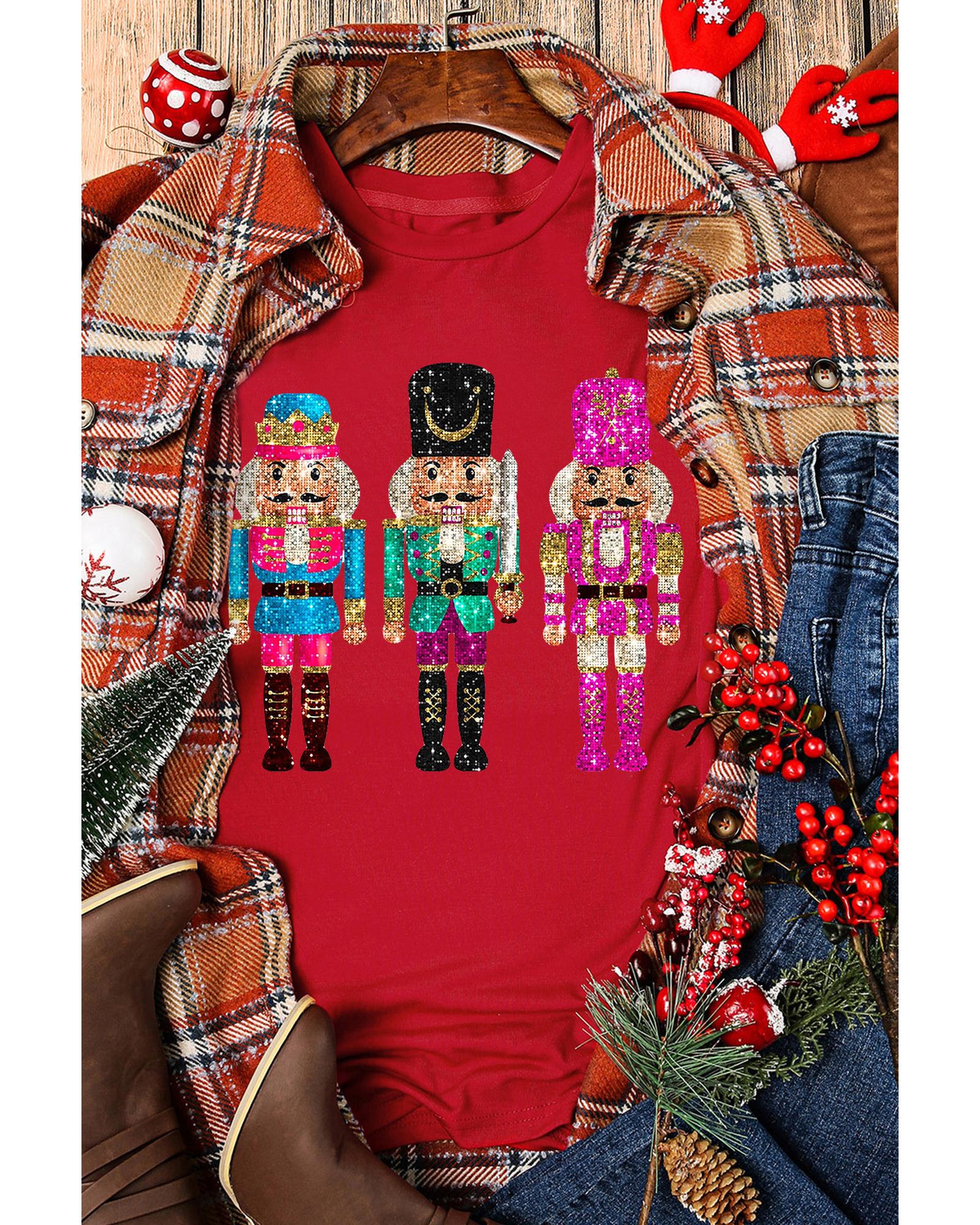 V539-AZEXDC25227040-103-M-202508270415-00 Red Nutcracker Printed Crewneck T Shirt - M - Image 1