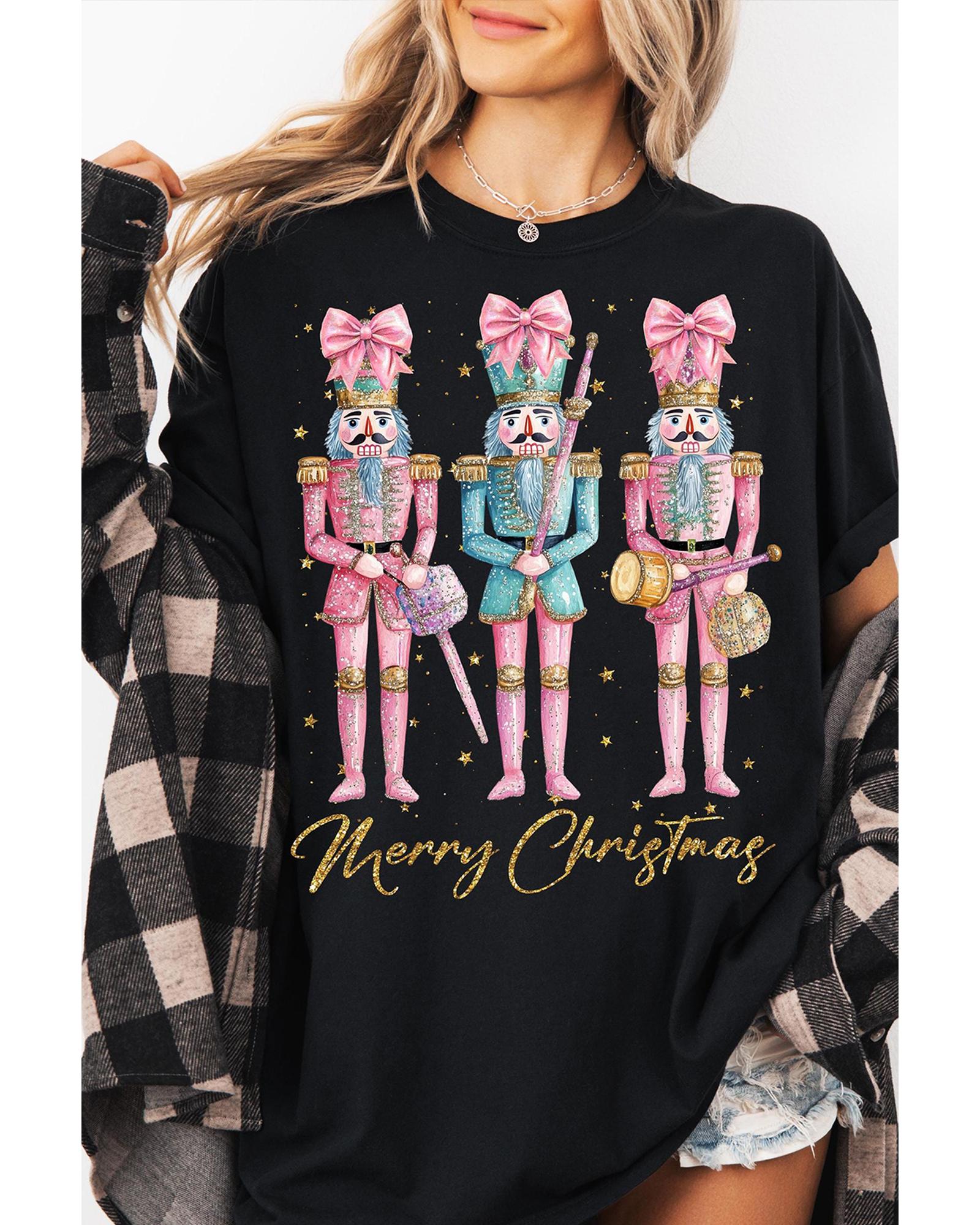Black Nutcracker Merry Christmas Printed Crewneck T Shirt - 2XL