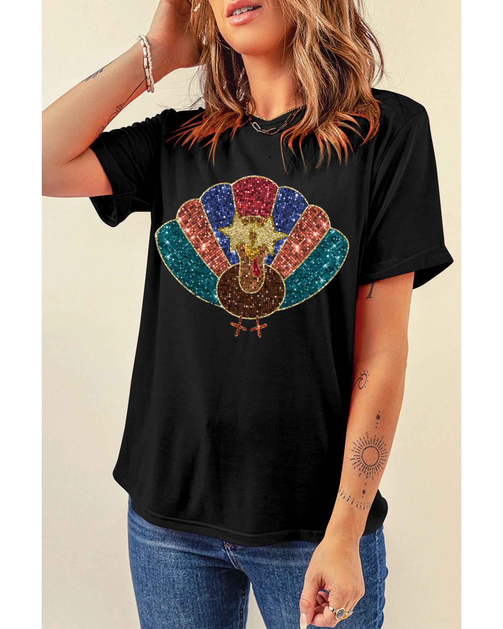 V539-AZEXDC25227047-2-XL-202508272315-00 Black Glitter Turkey Heat Transfer Printing Thanksgiving T Shirt - XL - Image 1