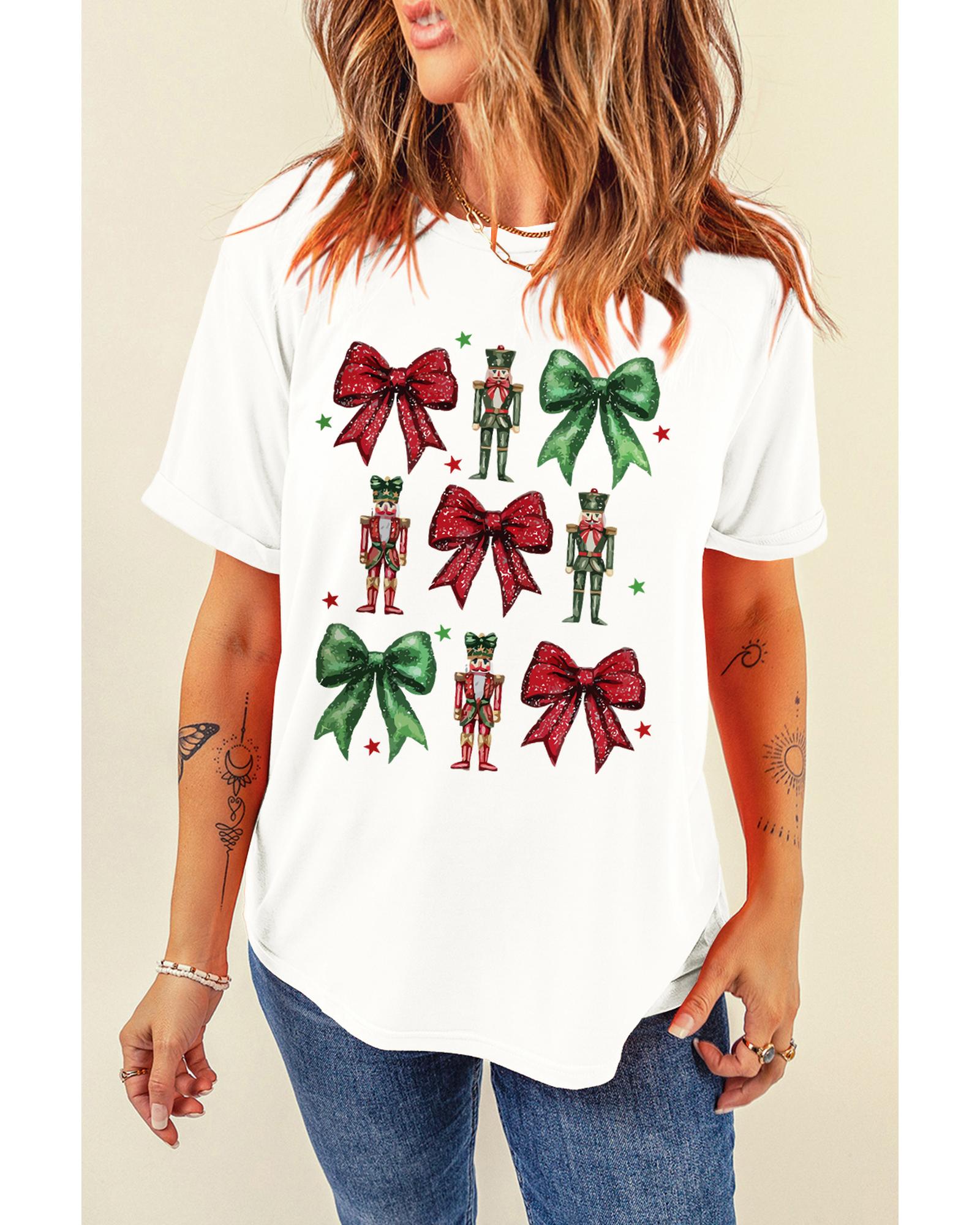 V539-AZEXDC25227048-1-XL-202508270630-00 White Bowknot Nutcracker Printed Crewneck Christmas T Shirt - XL - Image 1