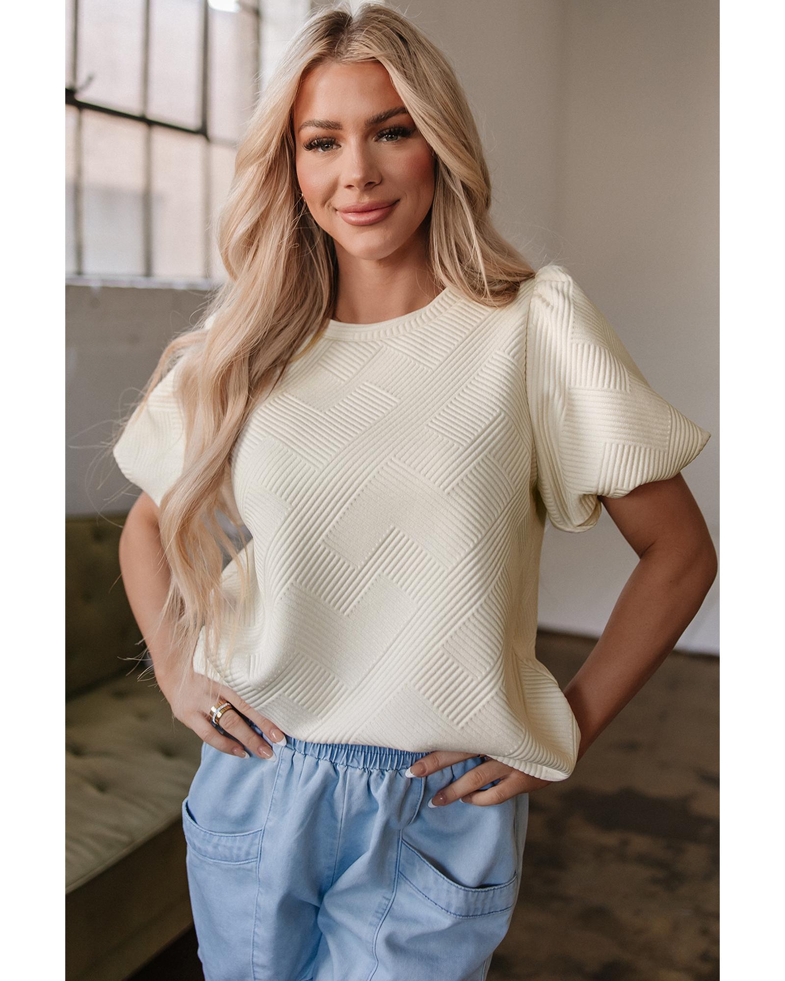 V539-AZEXDC25227131-P1015-L-202508270135-00 Oatmeal Textured Puff Sleeve T-shirt - L - Image 1